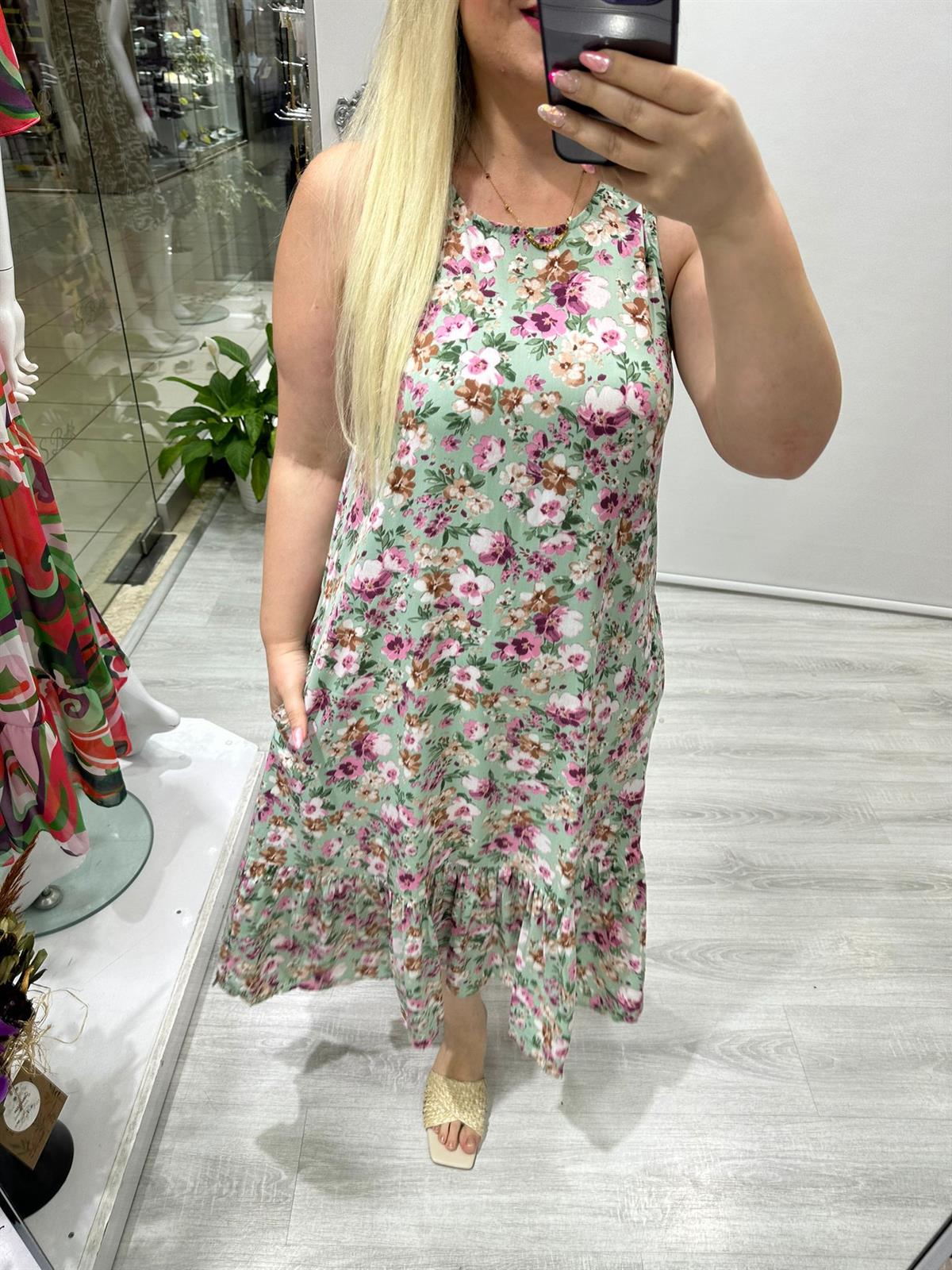 Mint Yeşili Pembe ÇiçekliKolsuz Viskon Kumaş Elbise · 5
