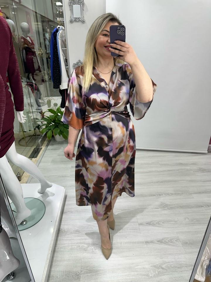 Mor Batik Desenli Önü Düğümlü Önden Yırtmaçlı Saten Elbise stp 25y2435