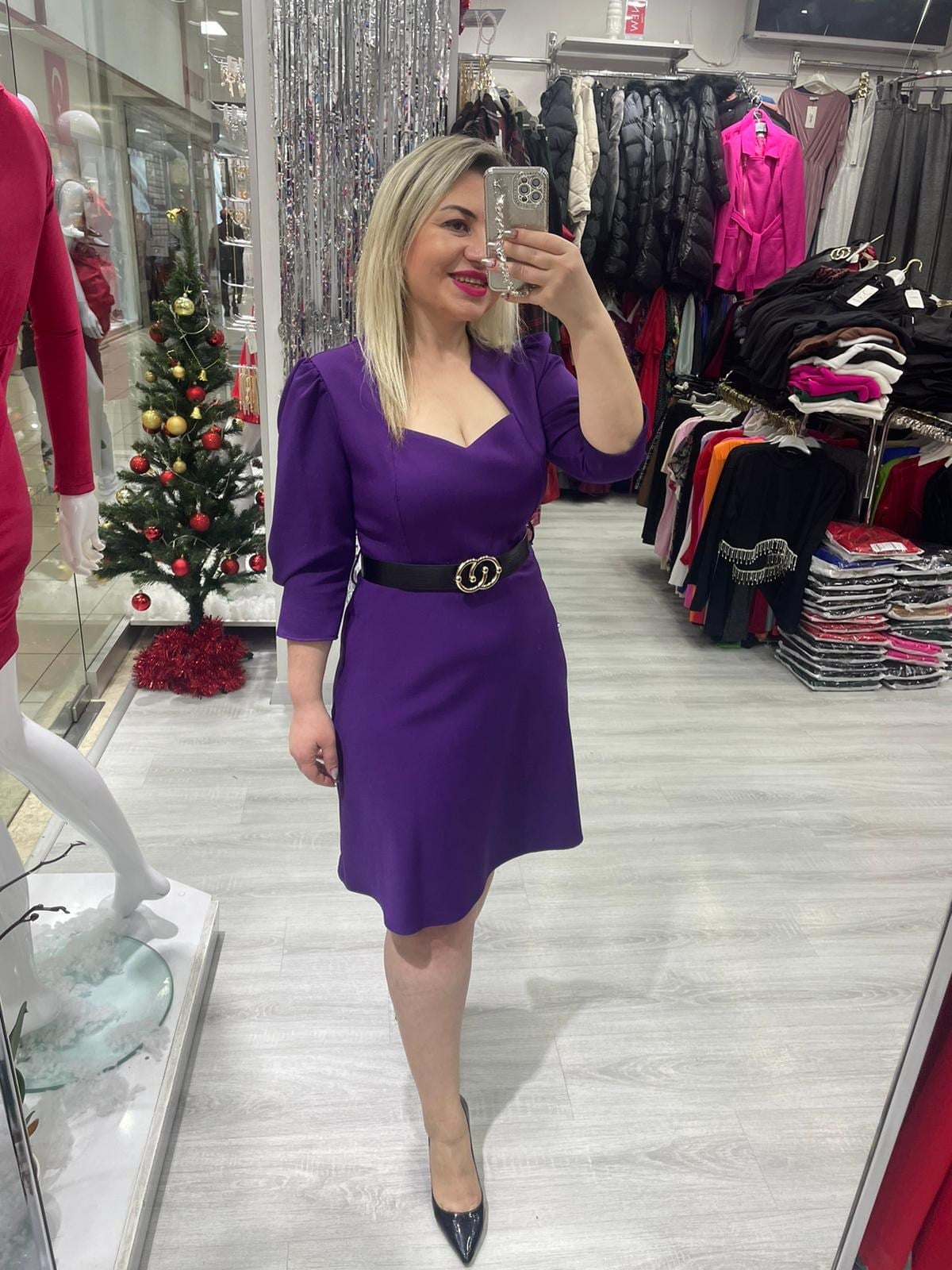 Mor Savcı Yaka Kemerli Elbise