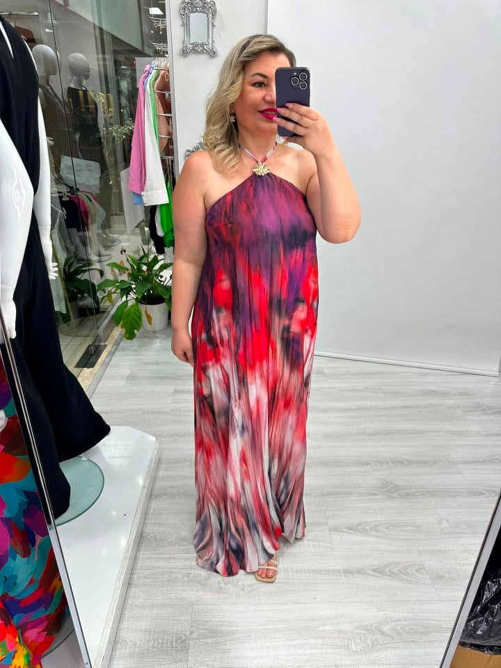 Mor Ve Pembe Batik Desenli Gold Toka Detaylı Kraşlı Uzun Elbise stp 26y2803