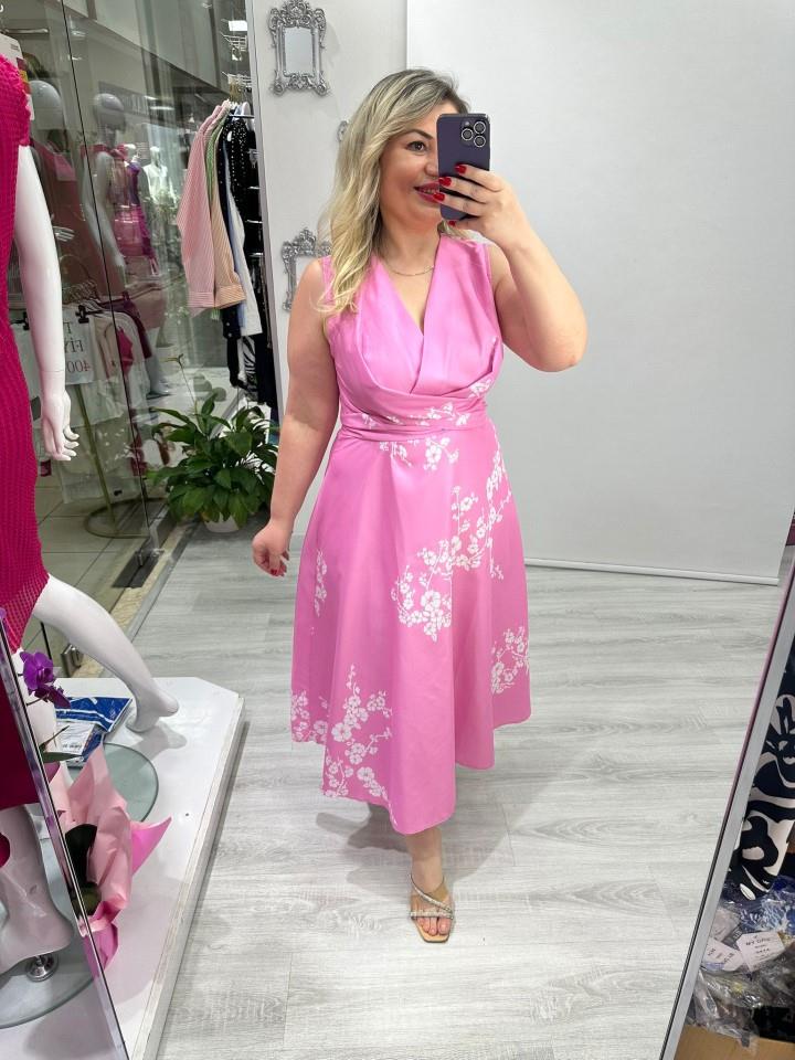 Pembe Beyaz Çiçekli Kolsuz Elbise my 3776