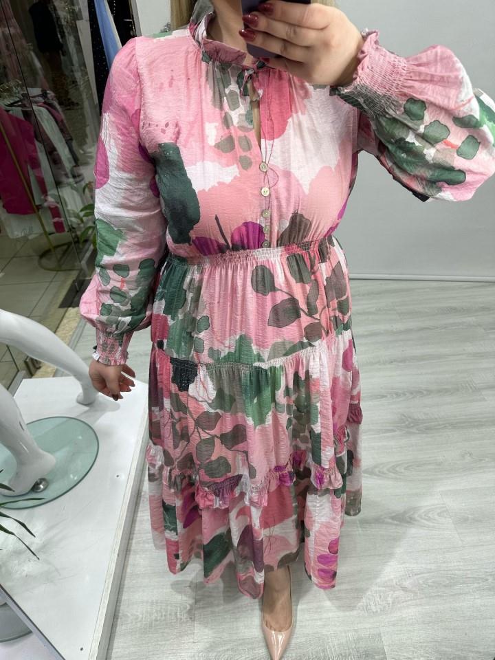 Pembe Desenli Gipeli Uzun Elbise dk 580224