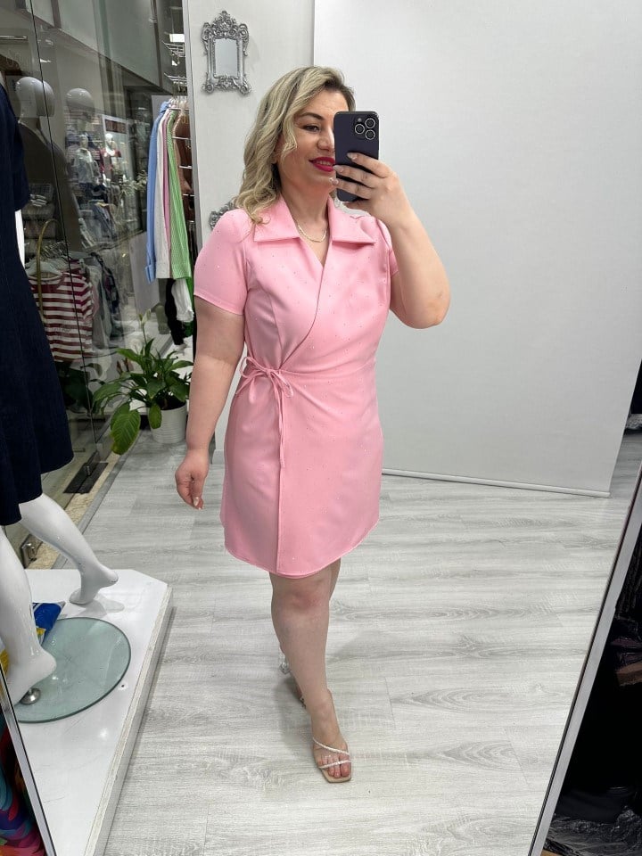 Pembe Kruvaze Bağcıklı Kısa Kollu Double Taşlı Elbise stp 26k2779