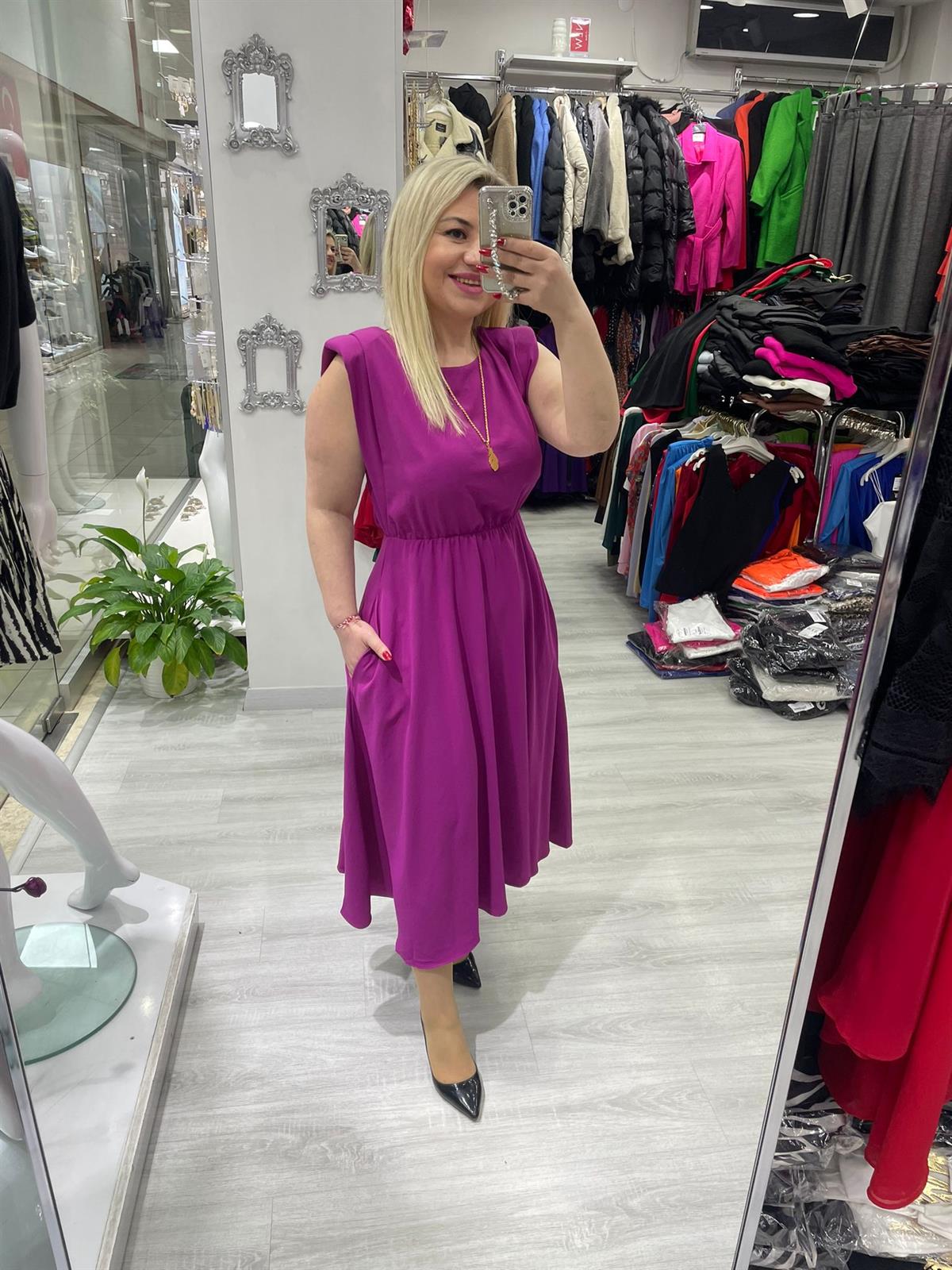 Pembe Omuz Vatkalı Kolsuz Elbise · 3