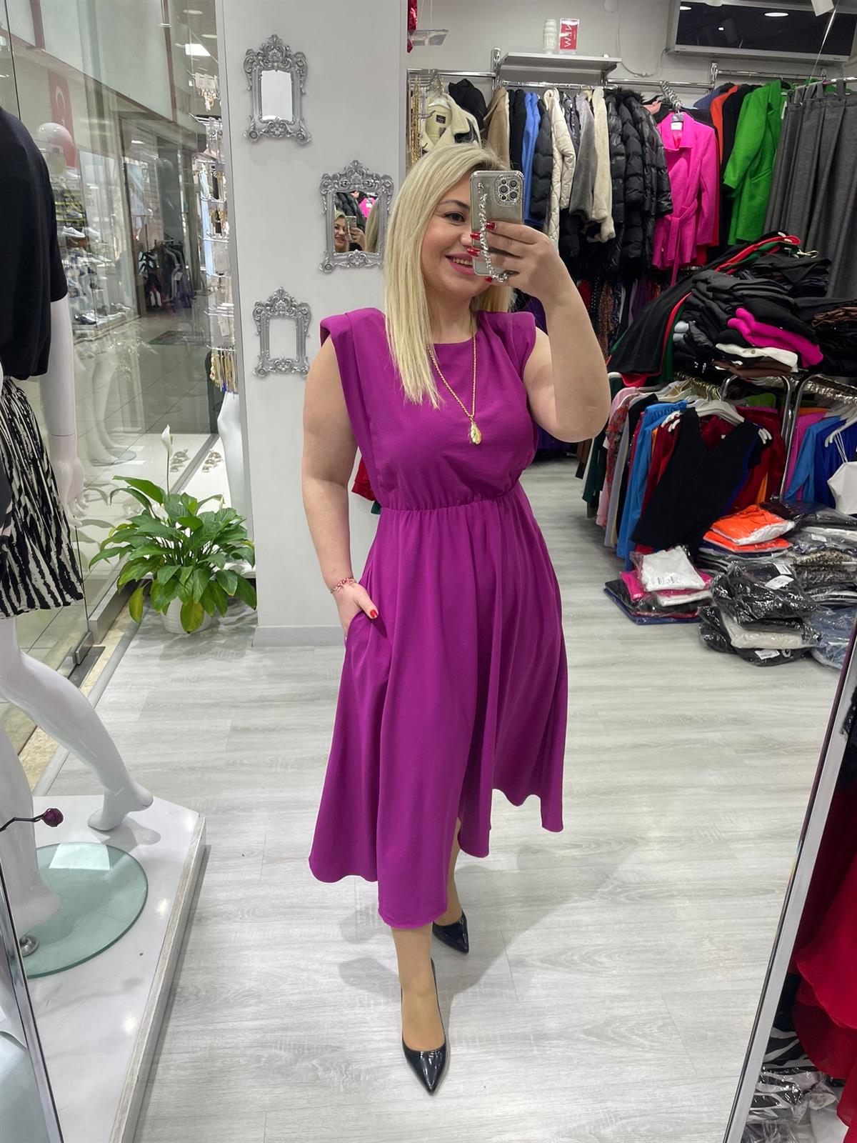Pembe Omuz Vatkalı Kolsuz Elbise · 4