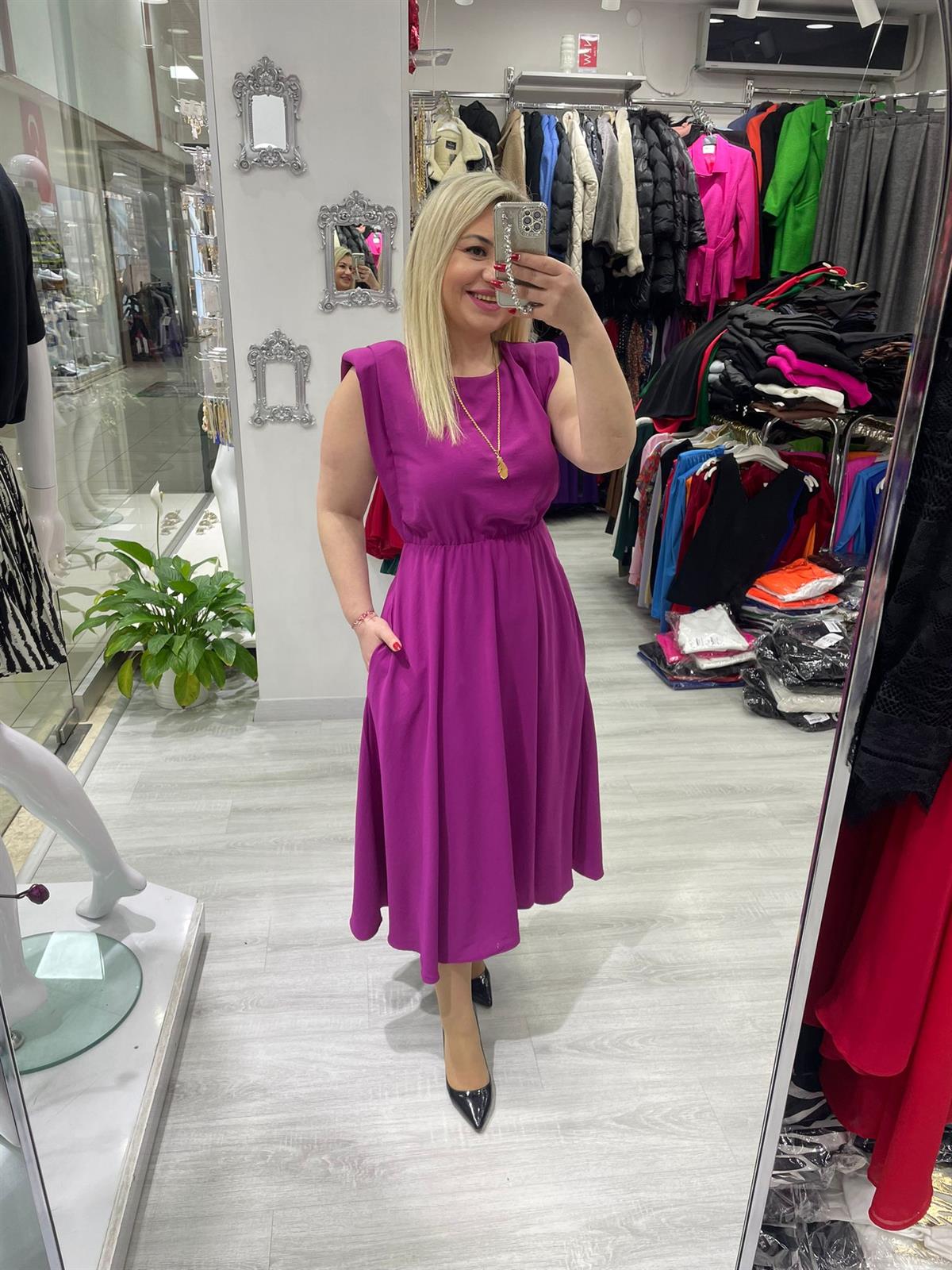Pembe Omuz Vatkalı Kolsuz Elbise · 8