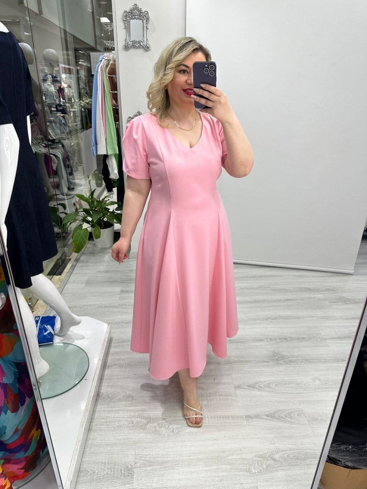 Pembe V Yaka Taşlı Double Elbise stp 26y2778