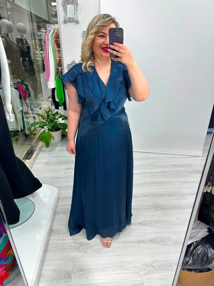 Premium Lacivert Organze Şifon Ön Arka V Yaka Kruvaze Kısa Kol Volanlı Uzun Elbise  stp 26y2797