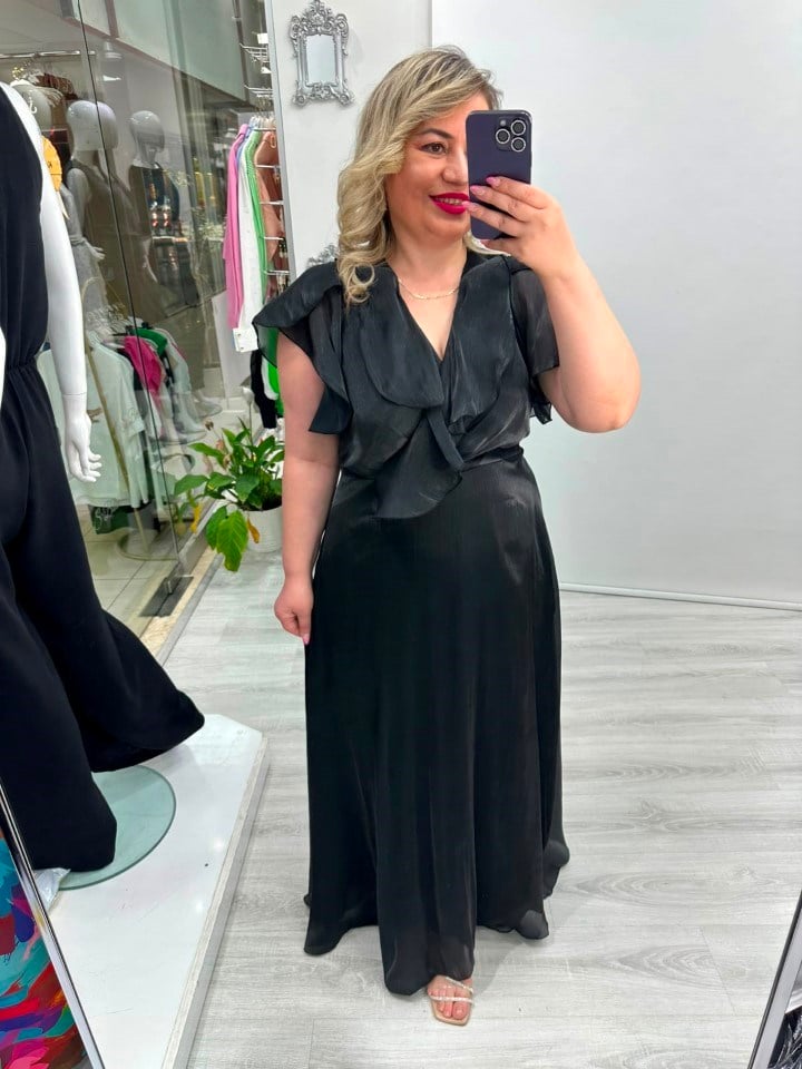 Premium Siyah Organze Şifon Ön Arka V Yaka Kruvaze Kısa Kol Volanlı Uzun Elbise  stp 26y2797