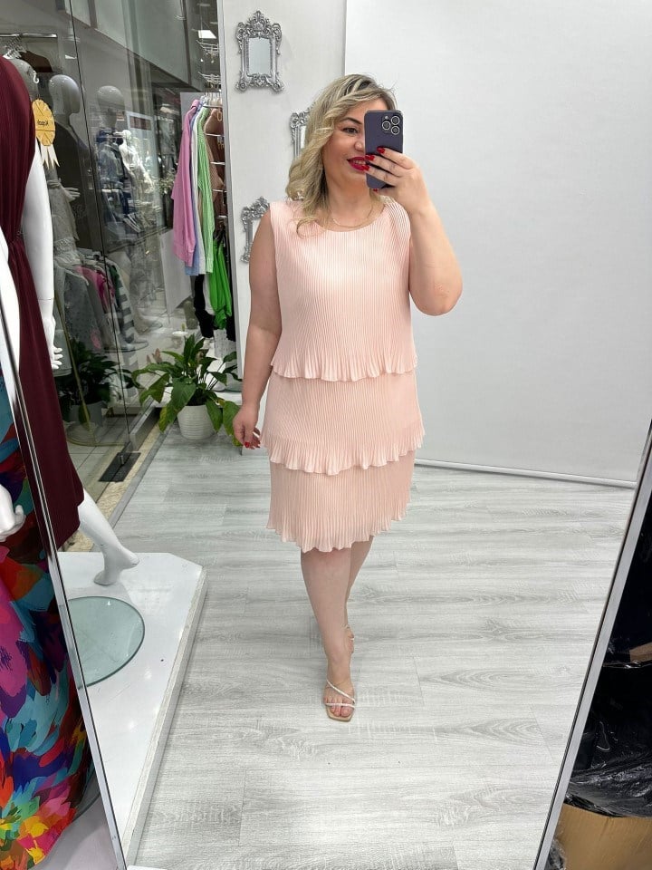 Pudra Pembe Premium İnce Piliseli 3 Katlı Kolsuz Şifon Elbise stp 25Y2627