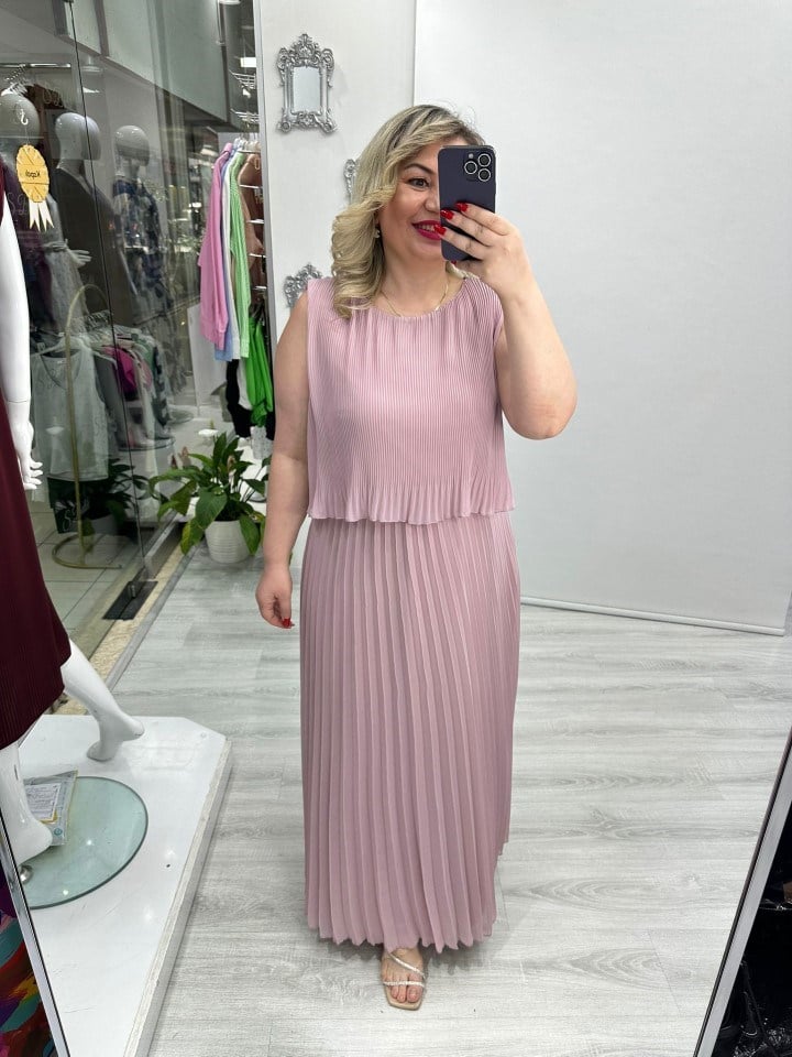 Pudra Pembe Premium Piliseli 2 Katlı Kolsuz Uzun Şifon Elbise stp 26y2621