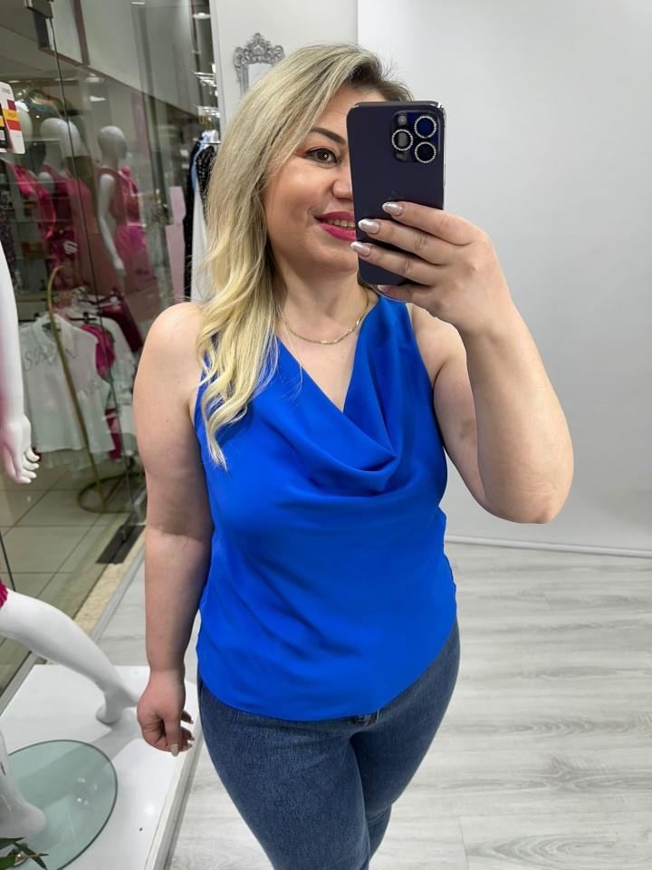 Saks Mavi Degaje Yaka Bluz mc 2454