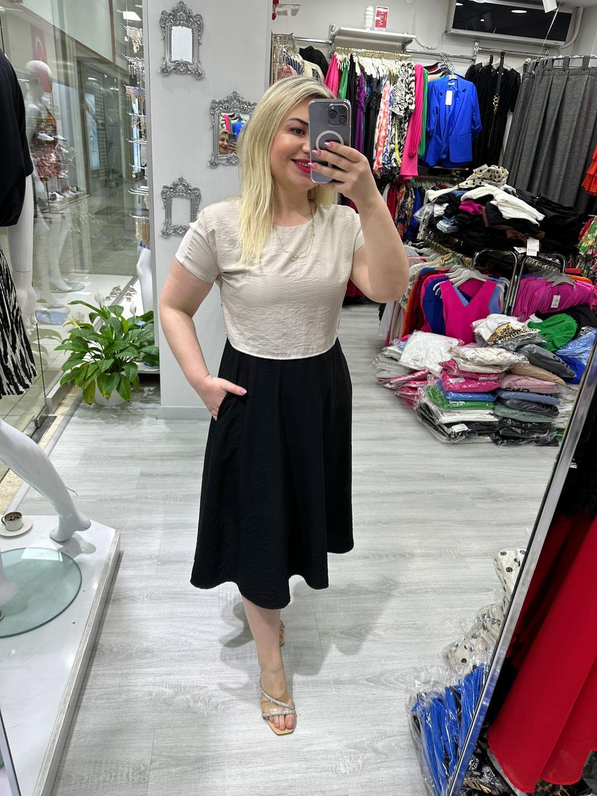 Siyah Bej Midi Bluzlu Elbise 