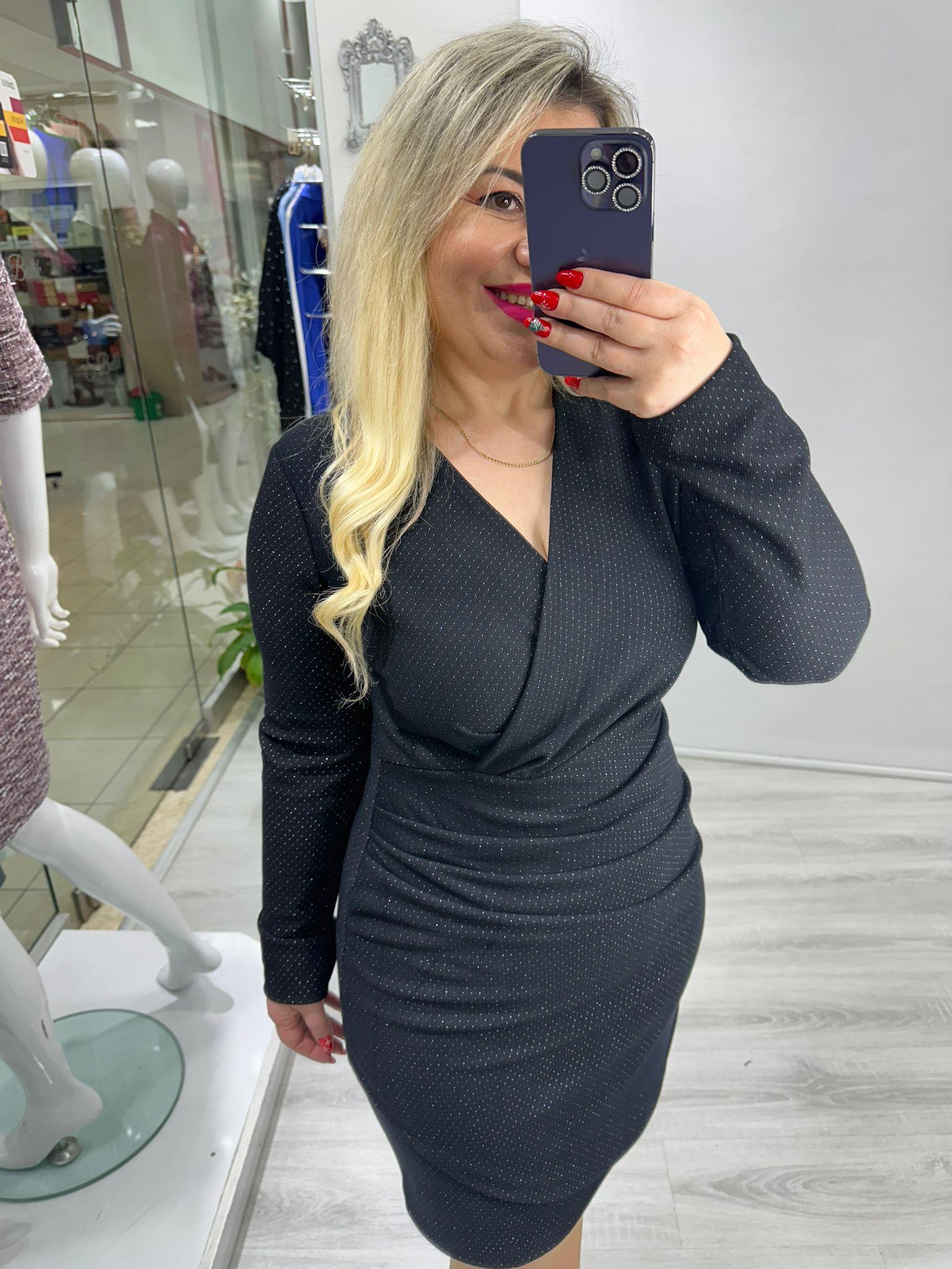 Siyah Drapeli Simli Çelik Örme Kruvaze Elbise bkt 281015-1