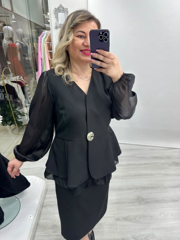 Siyah Gold Düğme Detaylı Kolları Ve Etek Kısımları Organze Şifon Ceket Bluz 27k1686