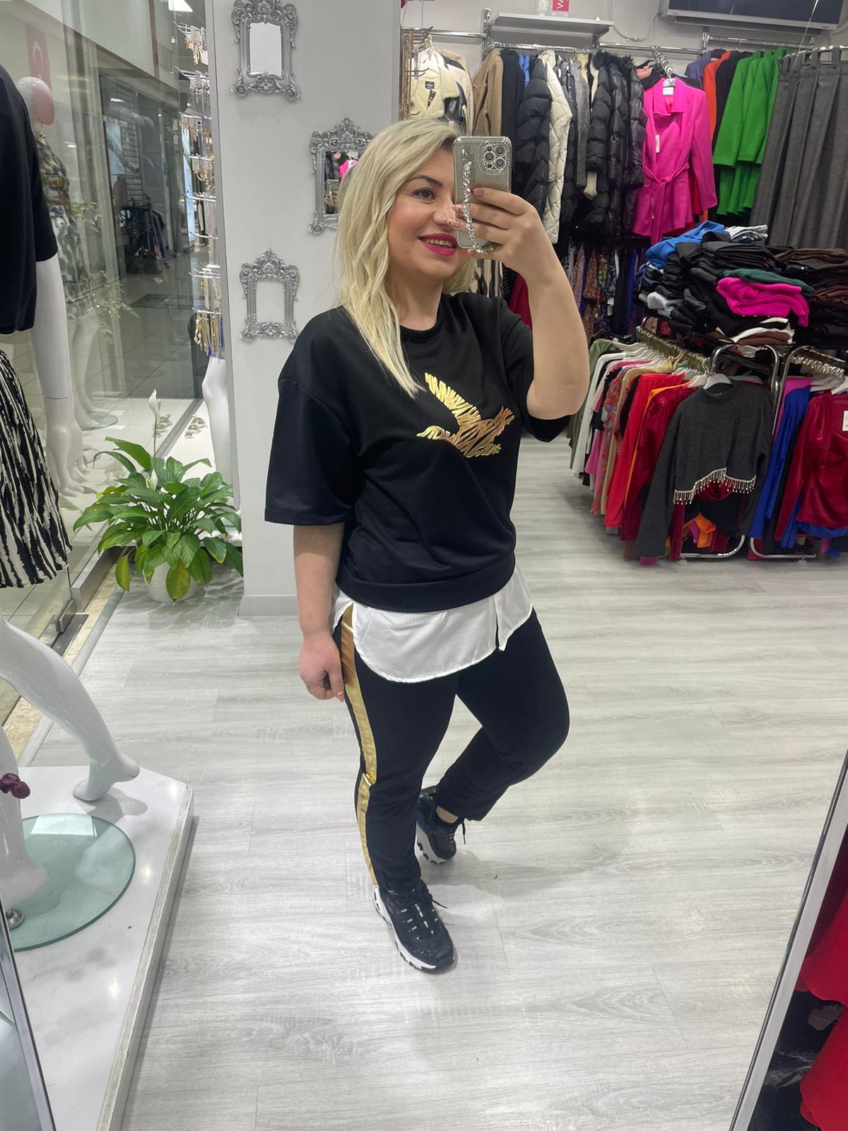 Siyah Gold Kuş Baskılı Alt Üst Takım