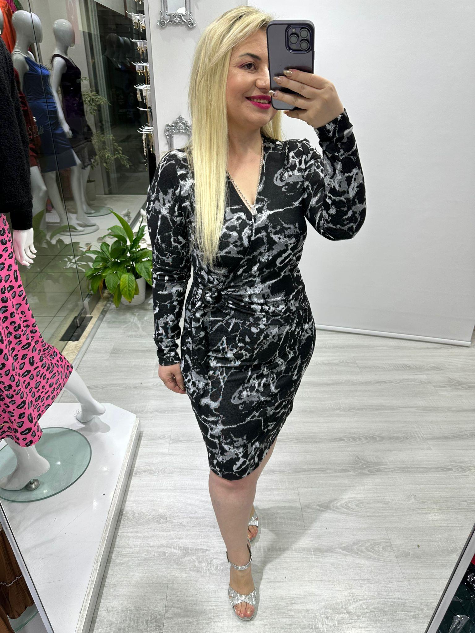 Siyah Gri Kruvaze Toka Detaylı Örme Elbise 