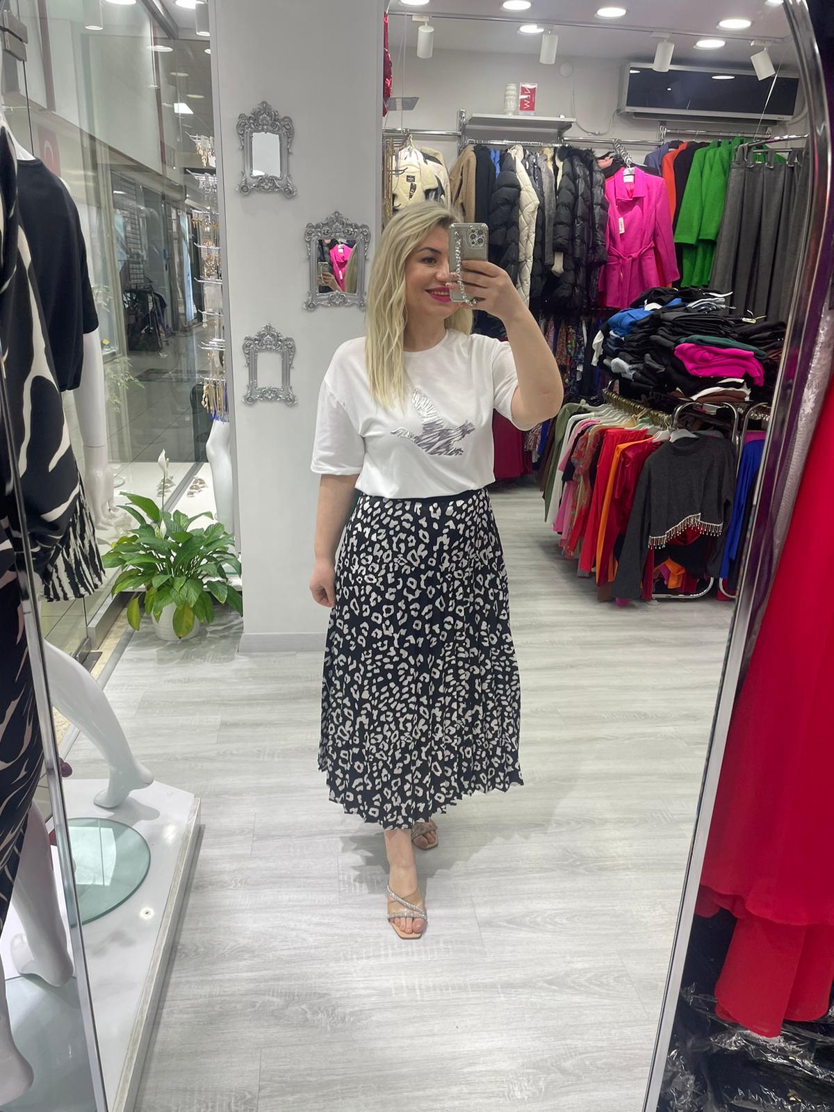 Siyah Leopar Desenli Piliseli Beli Lastikli Saten Etek · 2