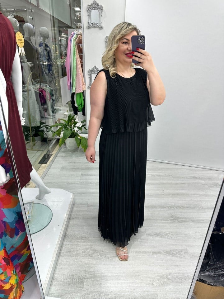 Siyah Premium Piliseli 2 Katlı Kolsuz Uzun Şifon Elbise stp 26y2621
