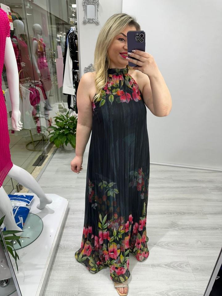 Siyah Premium Seri Plisoley Çiçek Desenli Halter Yaka Elbise mc 5064