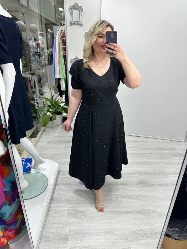 Siyah V Yaka Taşlı Double Elbise stp 26y2778