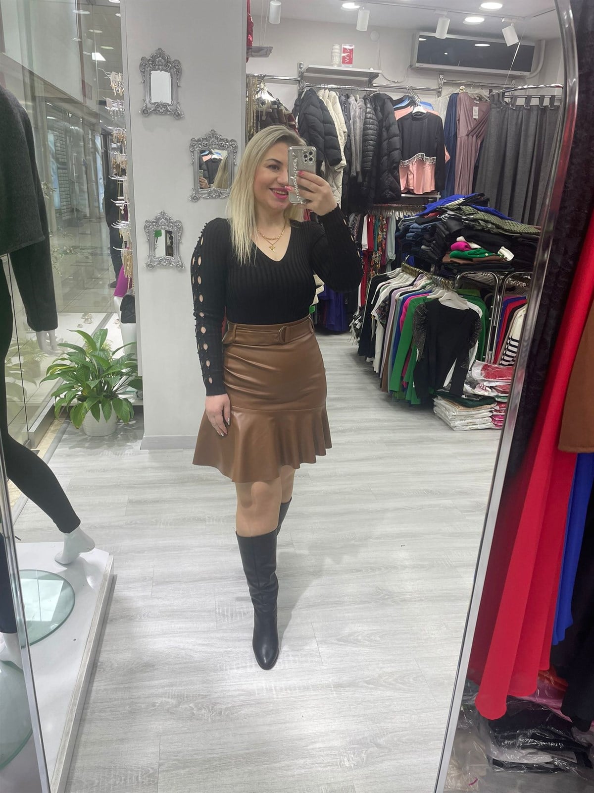 Taba  Valonlu Deri Mini Etek 