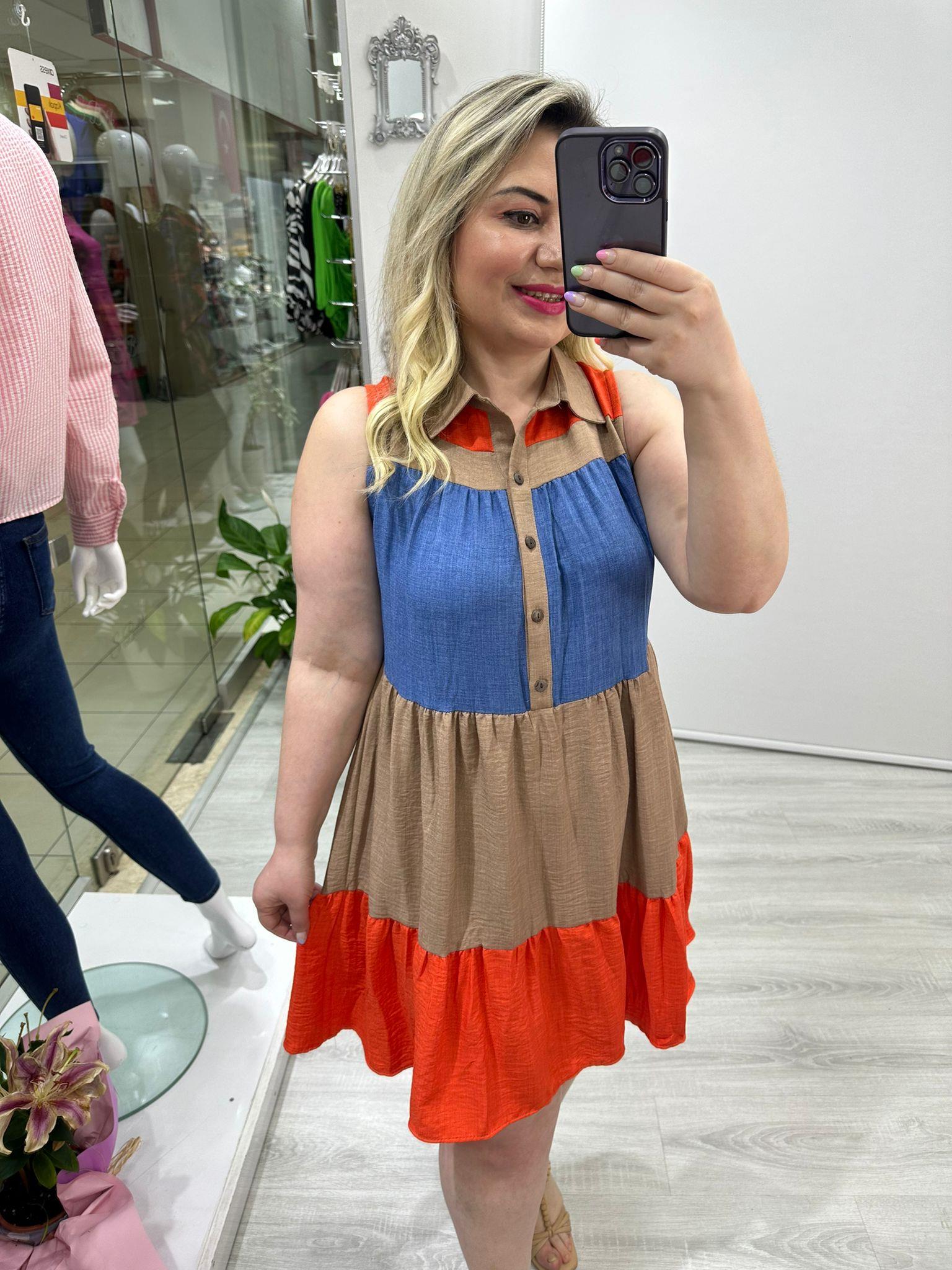Turuncu Camel  Garnili Kolsuz Elbise 5974