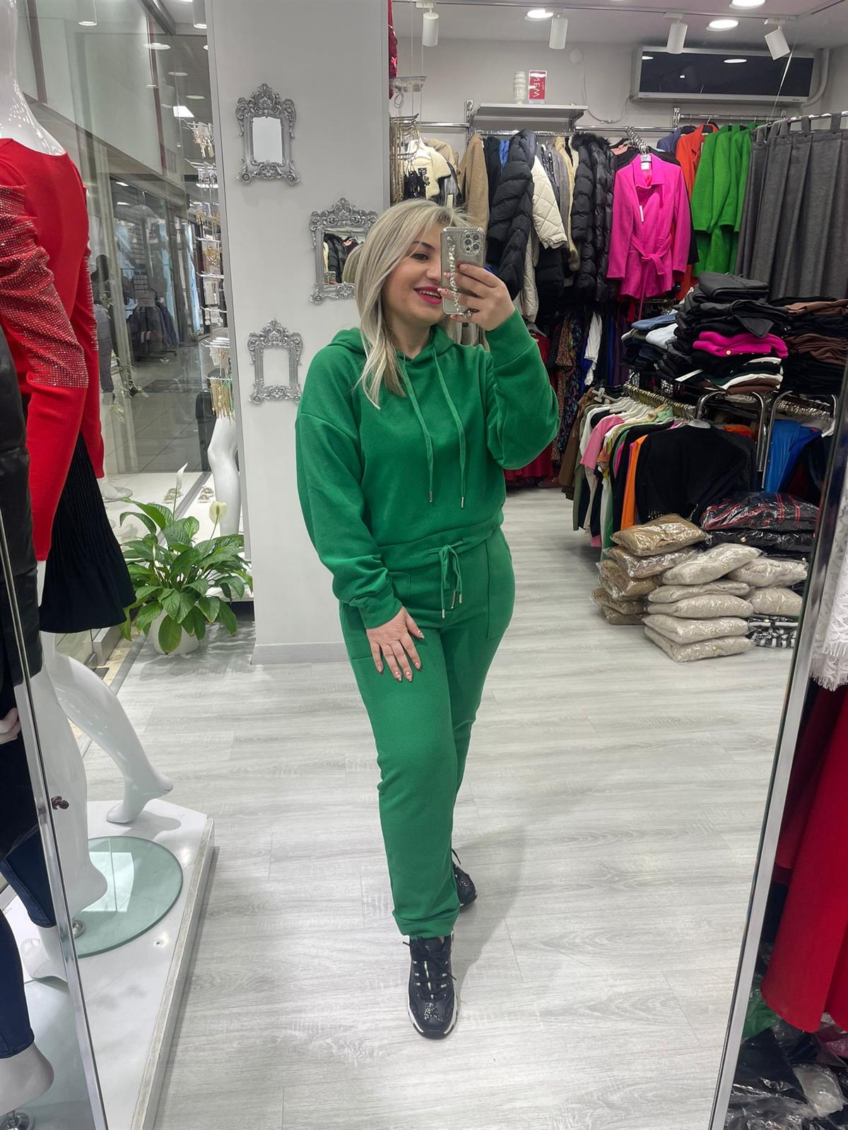 Yeşil Fermuarlı Wafle Kumaş Pantolon · 3