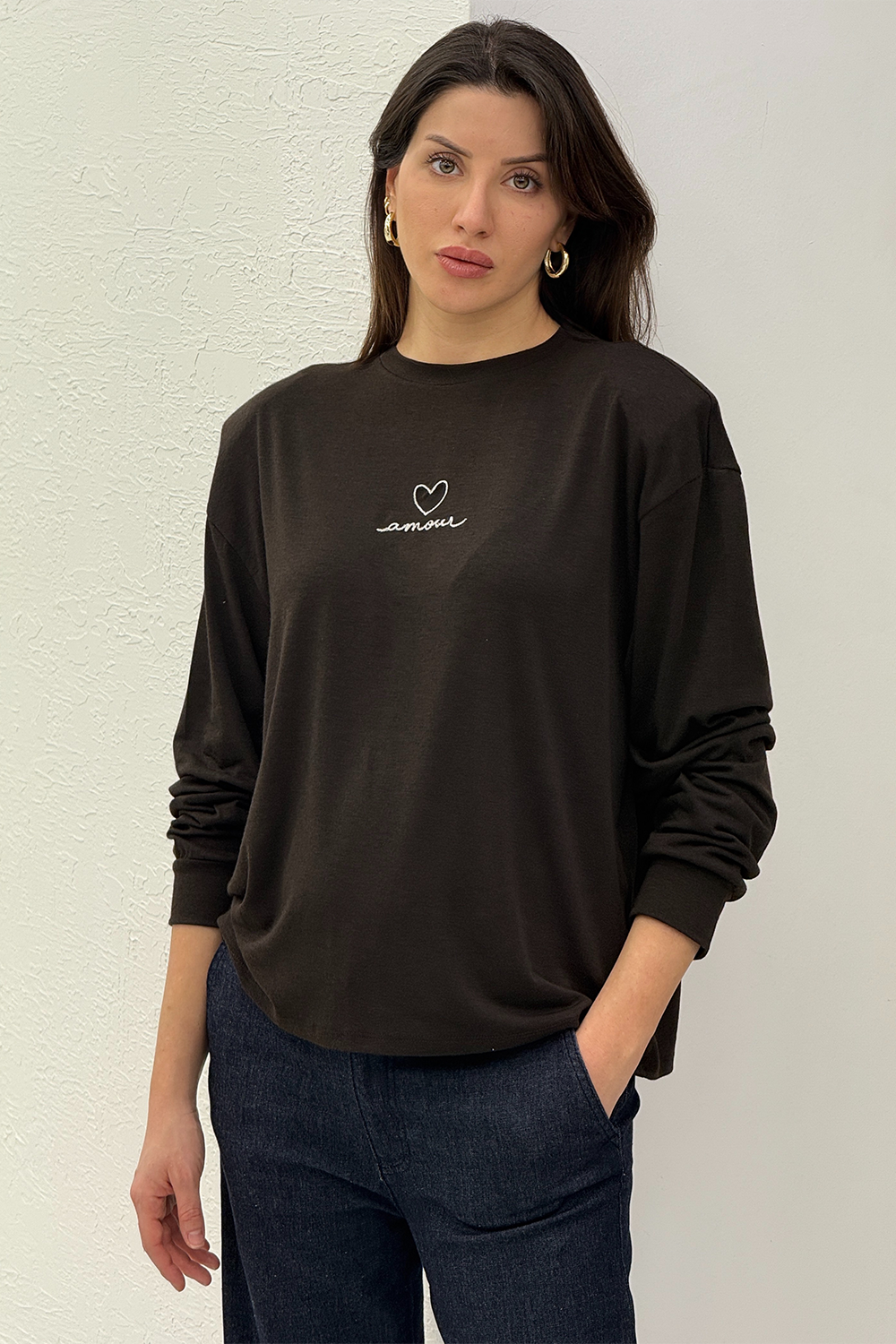 Acı Kahve Amour Nakışlı Tshirt 8075