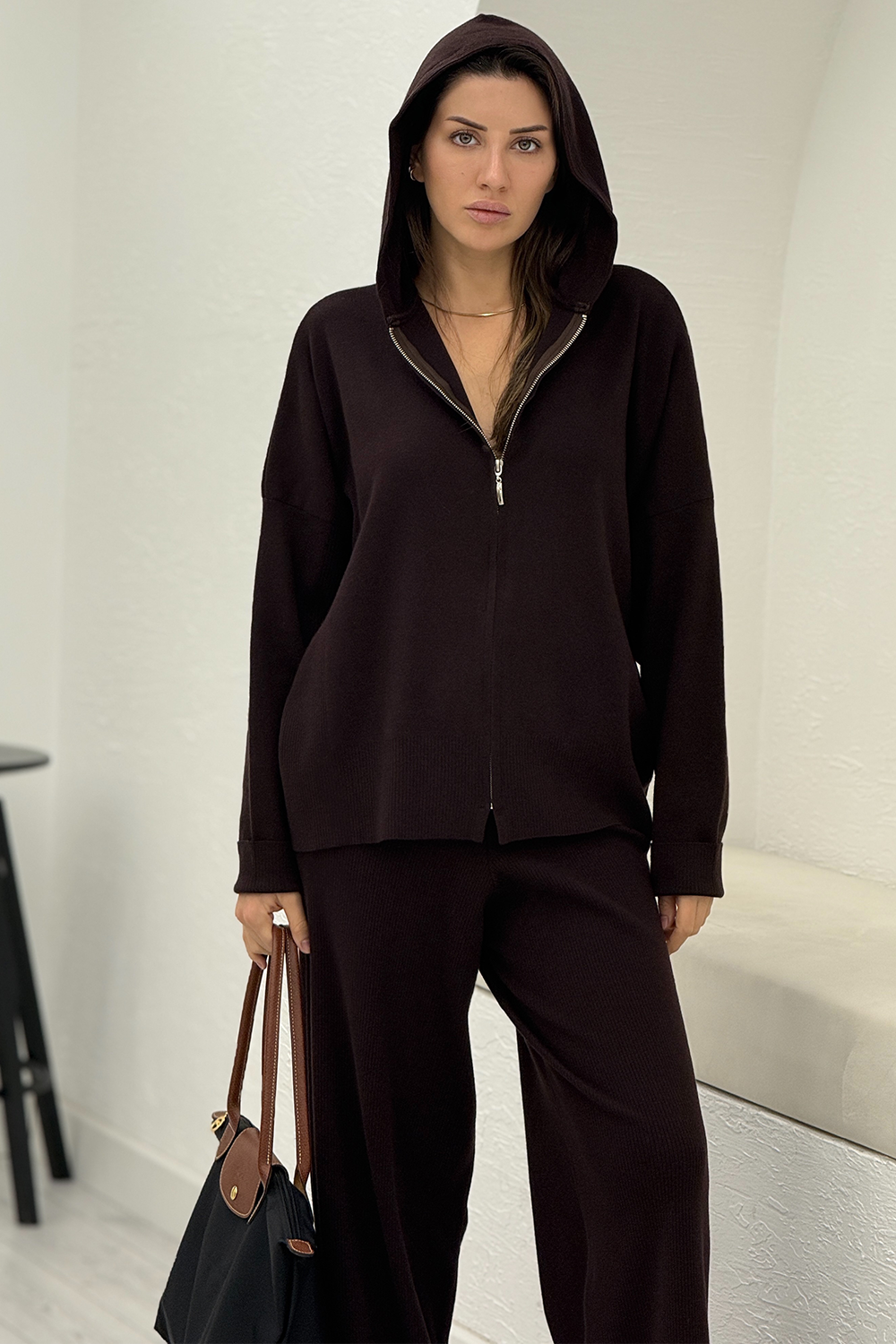 Acı Kahve Core-Spun Fermuarlı Kapüşonlu Takım 24160