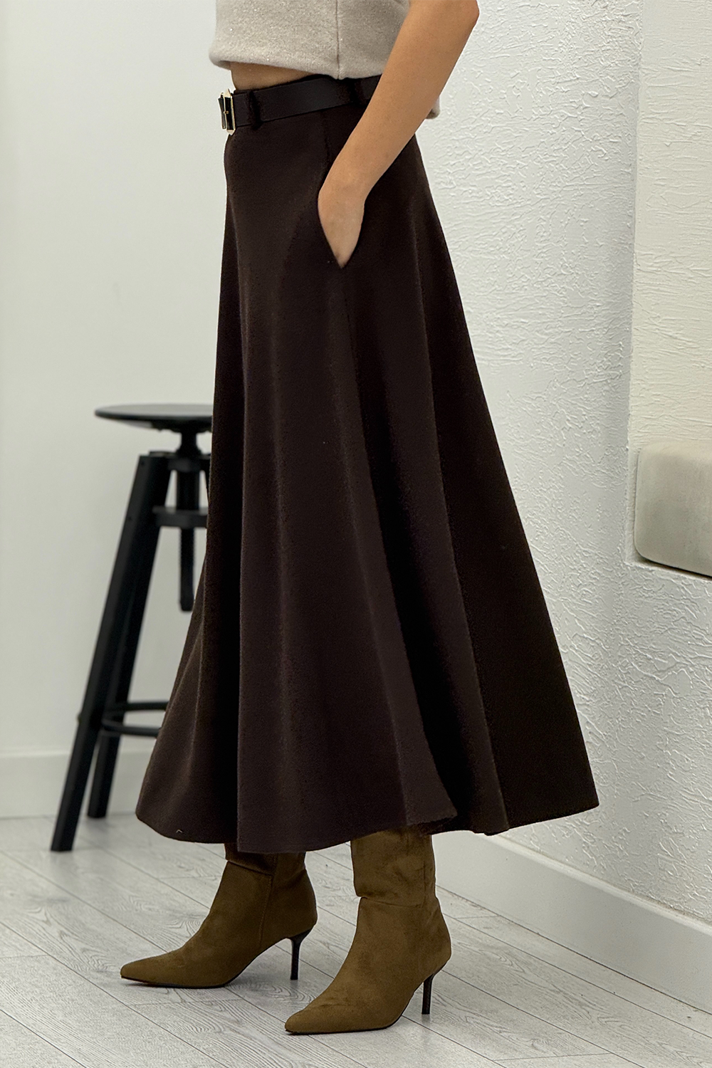 Acı Kahve Kemerli Örme Verev Etek 7716