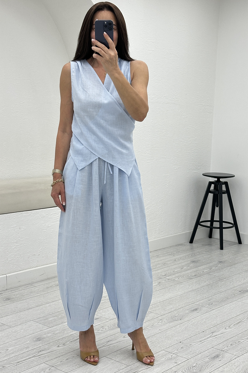 Bebe Mavisi Keten Bluz Pantolon Takım 7365