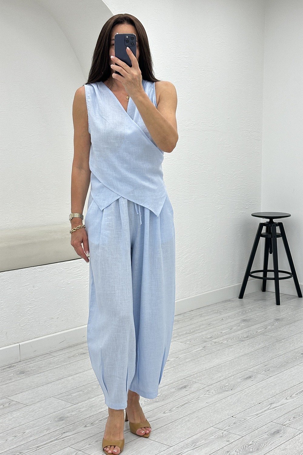 Bebe Mavisi Keten Bluz Pantolon Takım 7365
