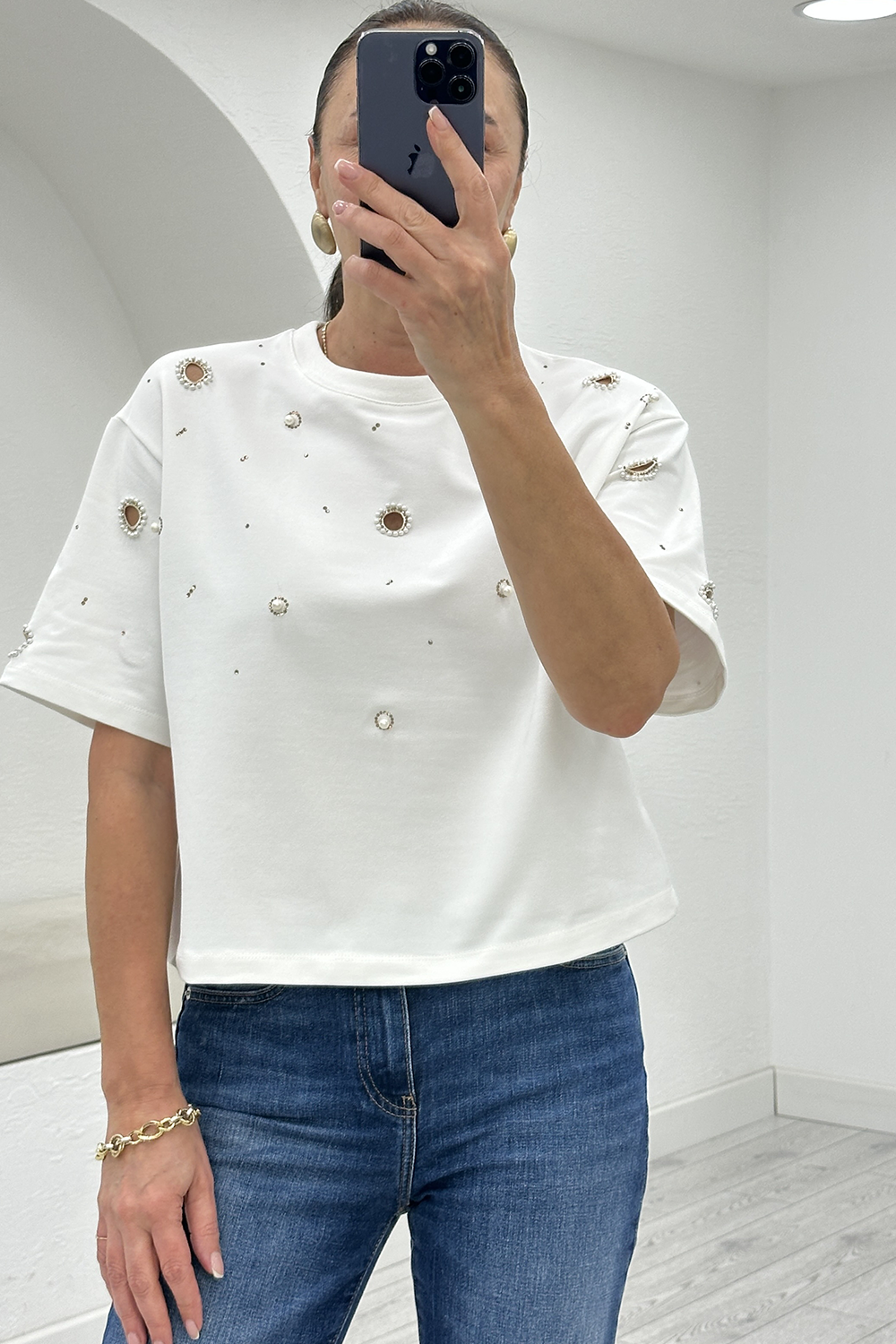 Beyaz Taş İşlemeli Tshirt 37416