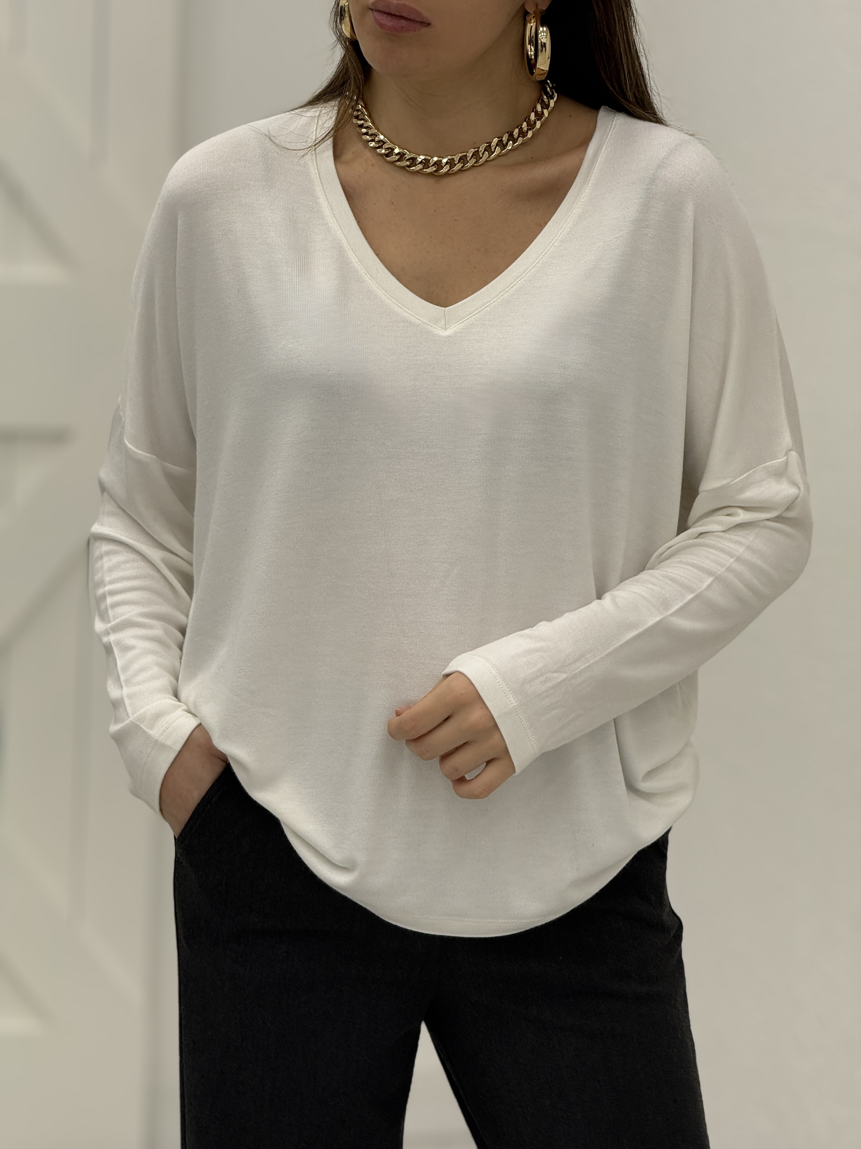 Beyaz V Yaka Yarasa Kol Triko 7590