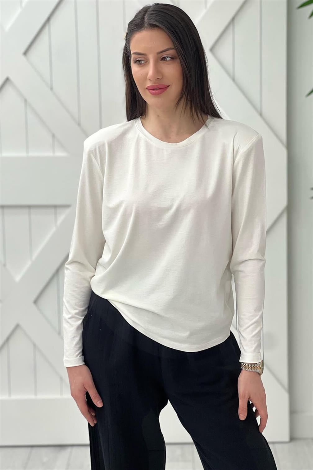 Beyaz Vatkalı Uzun Kollu Bluz 14327