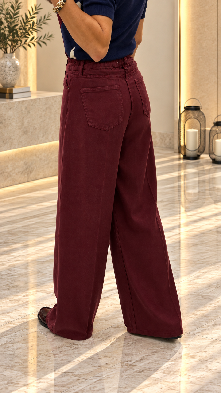 Bordo Beli Lastikli Palazzo Pantolon 01073