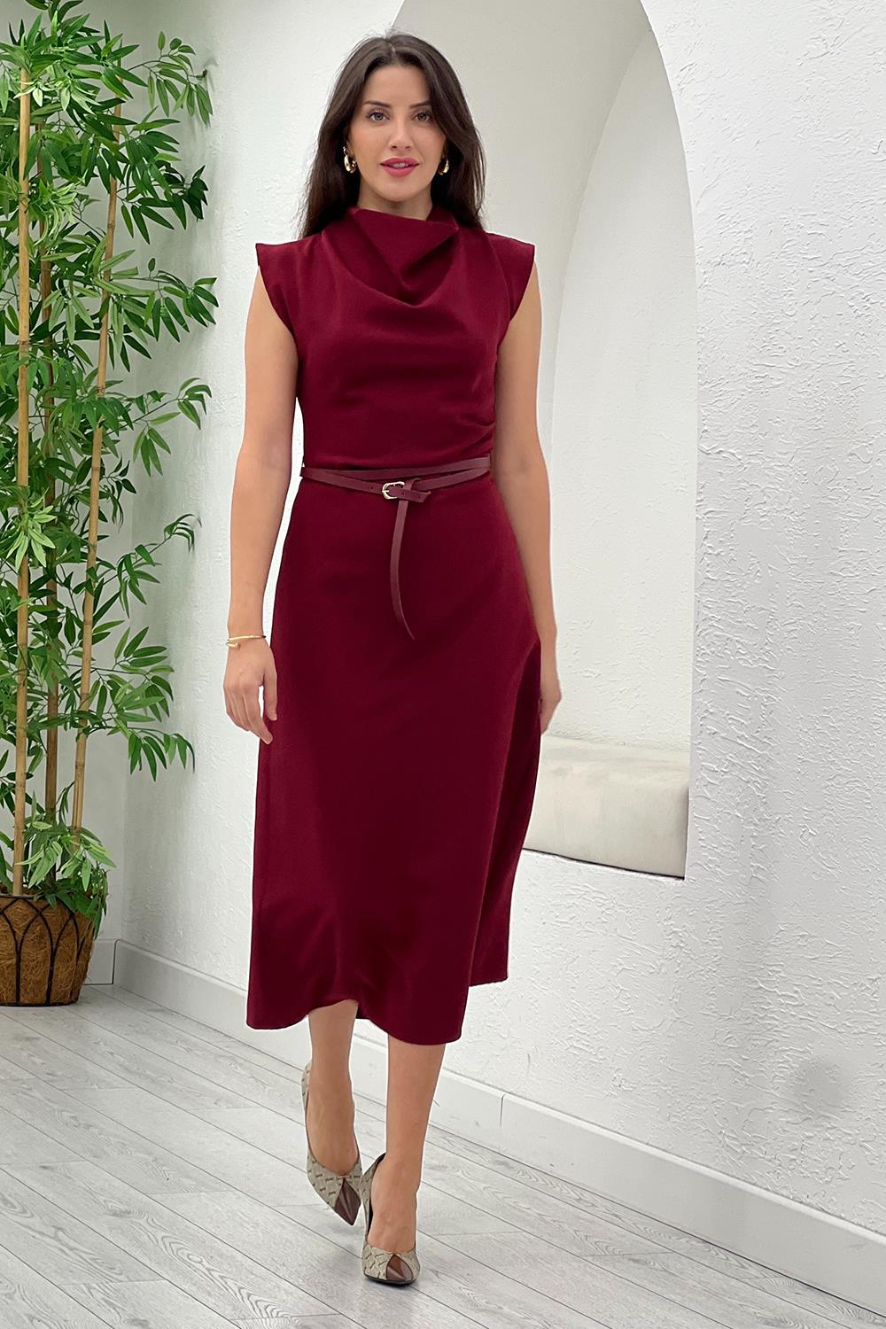 Bordo Drape Detay Kemerli Elbise 2816