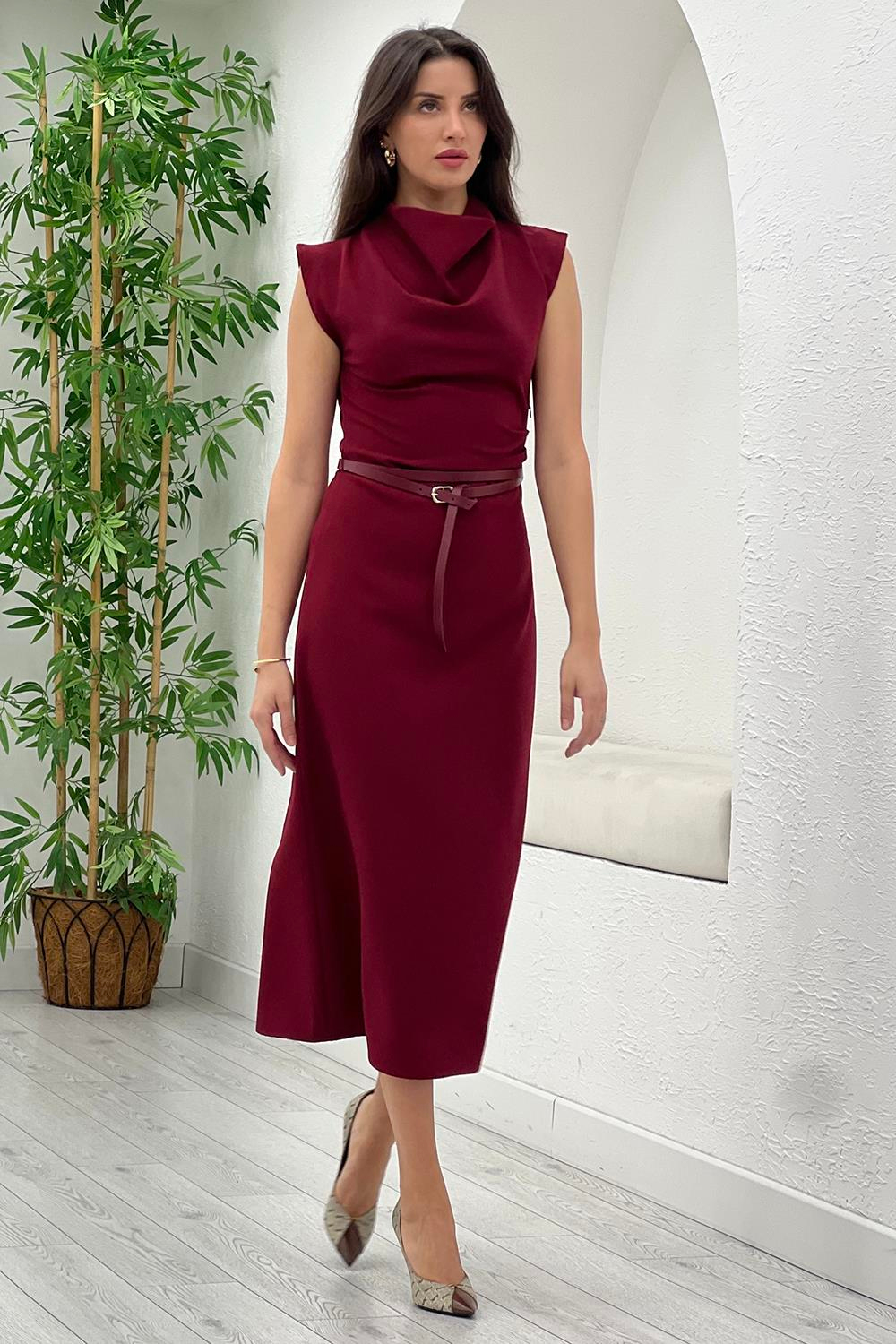Bordo Drape Detay Kemerli Elbise 2816