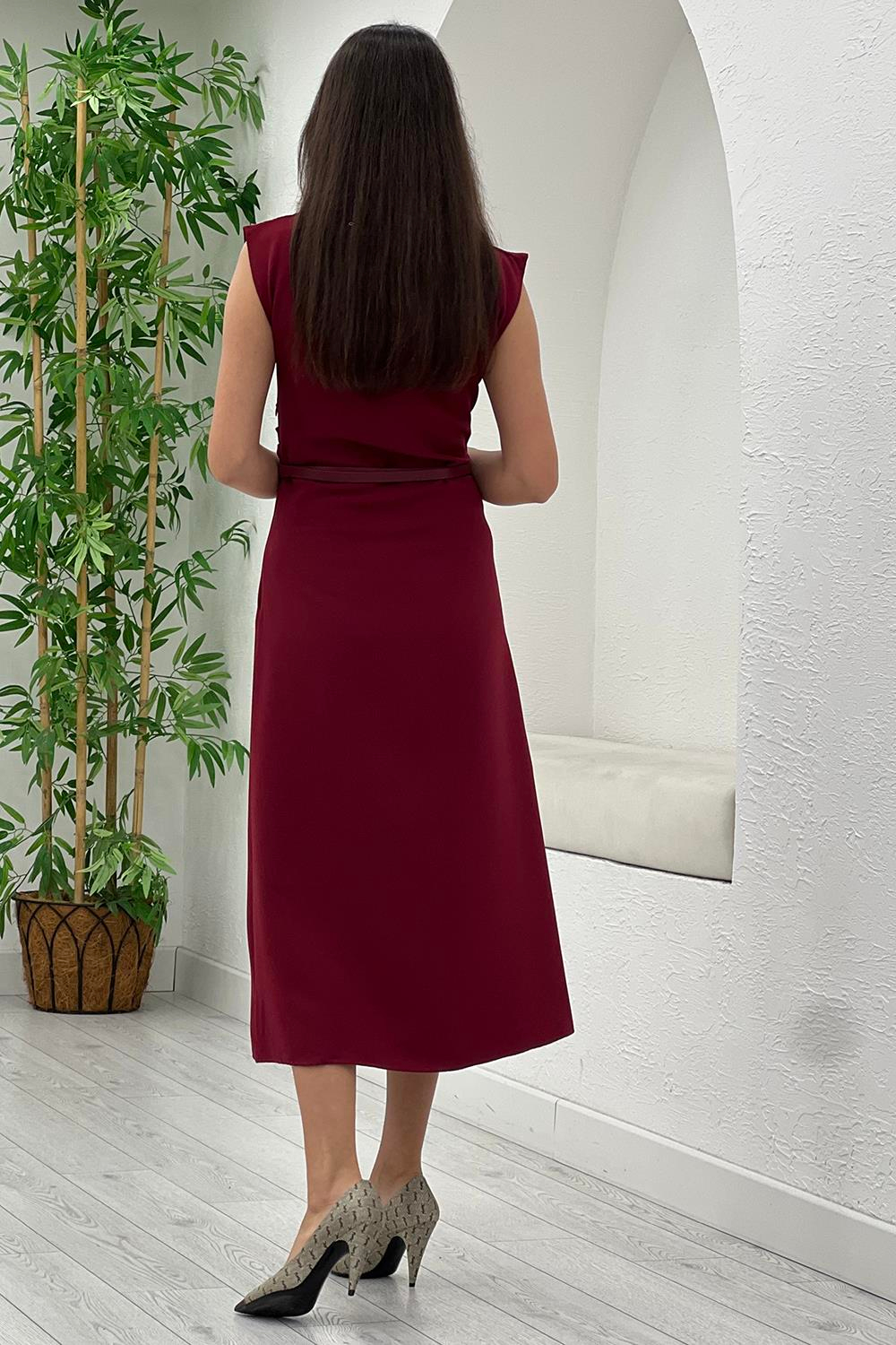 Bordo Drape Detay Kemerli Elbise 2816