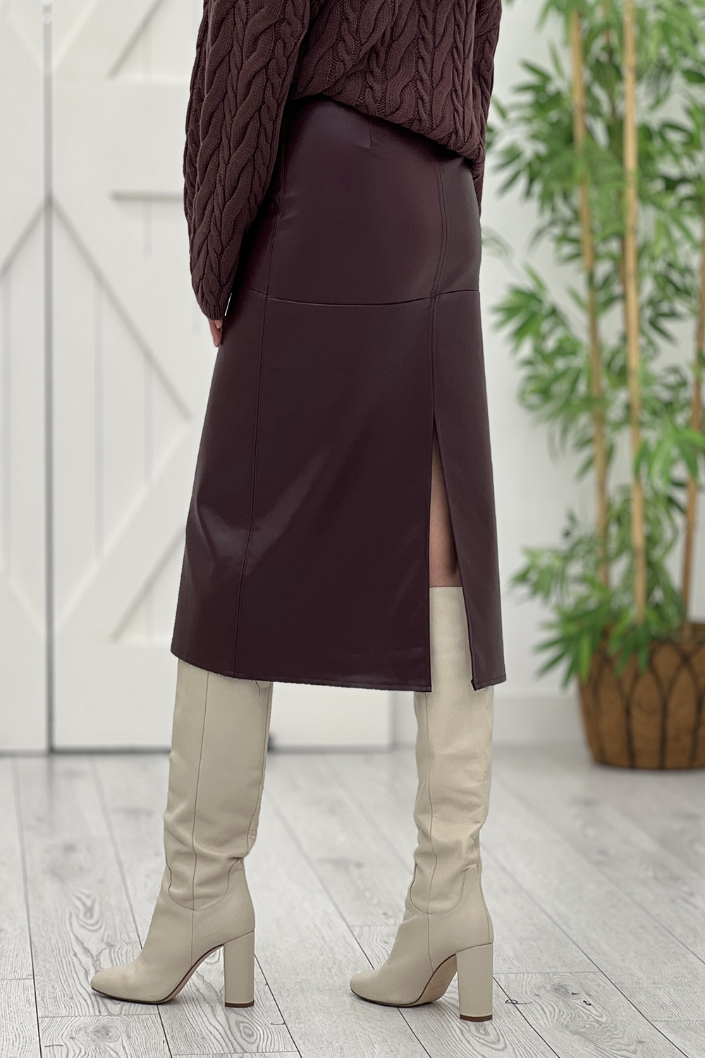 Bordo Önü Fermuarlı Deri Etek 0283