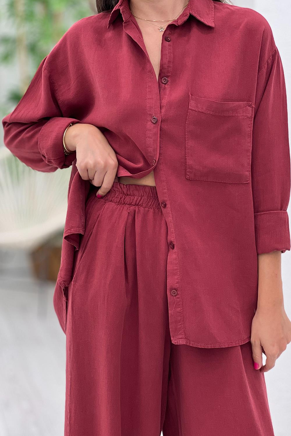 Cherry Keten Gömlek Pantolon Takım 1640