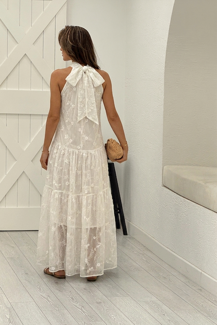 Ekru Çiçek Nakışlı Elbise 3974