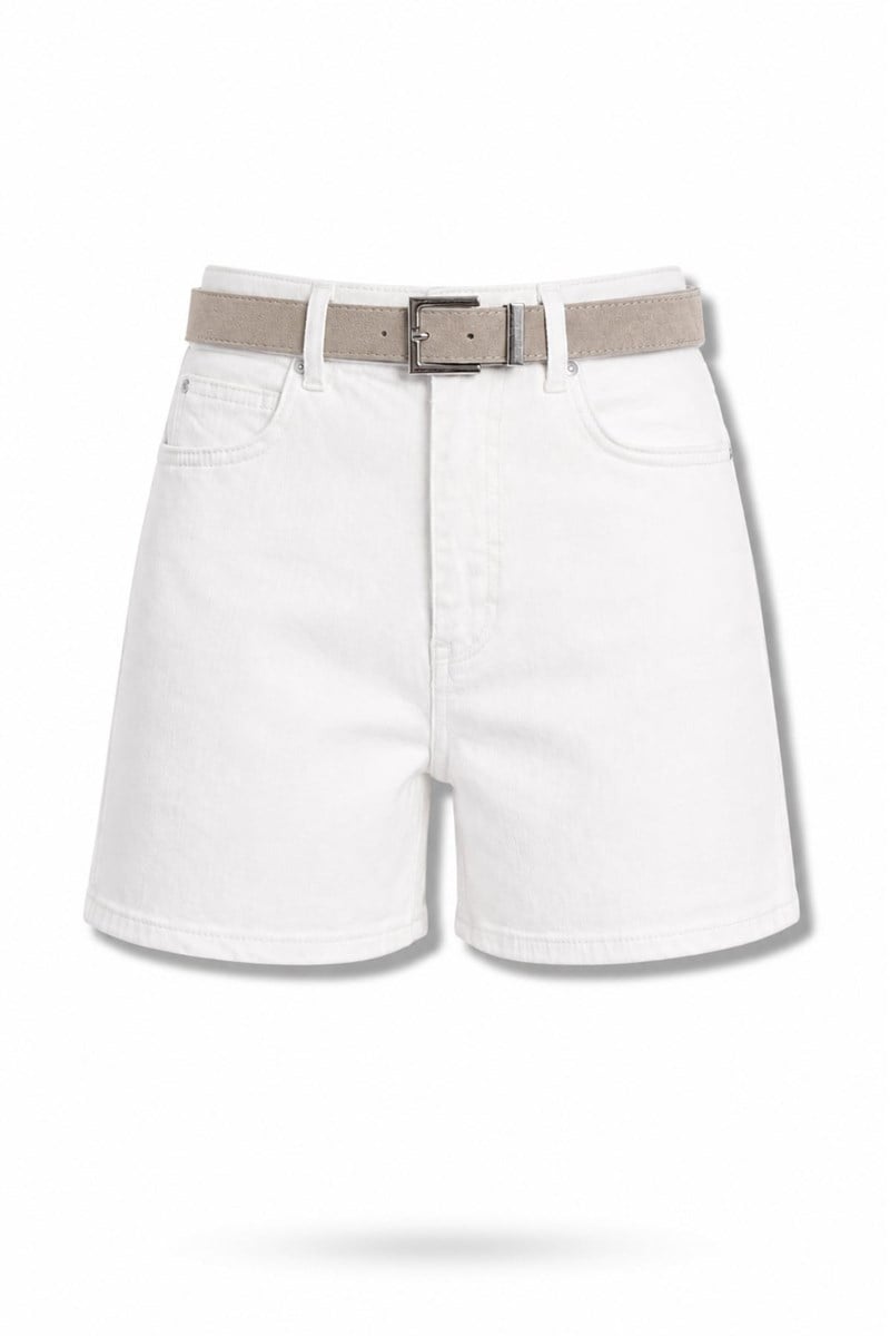 Ekru Kemerli Denim Şort 1017