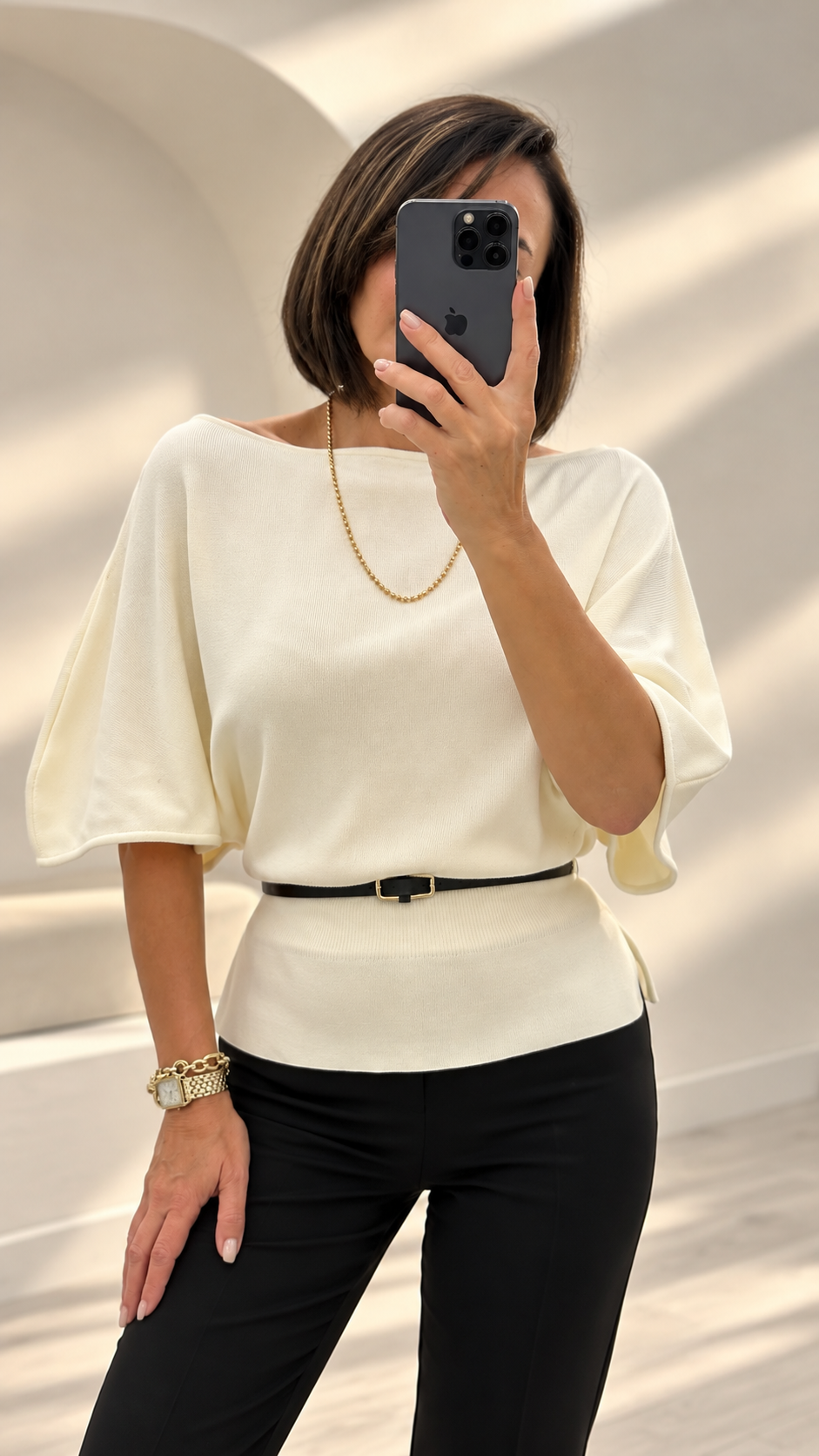 Ekru Kemerli Triko Bluz 251375