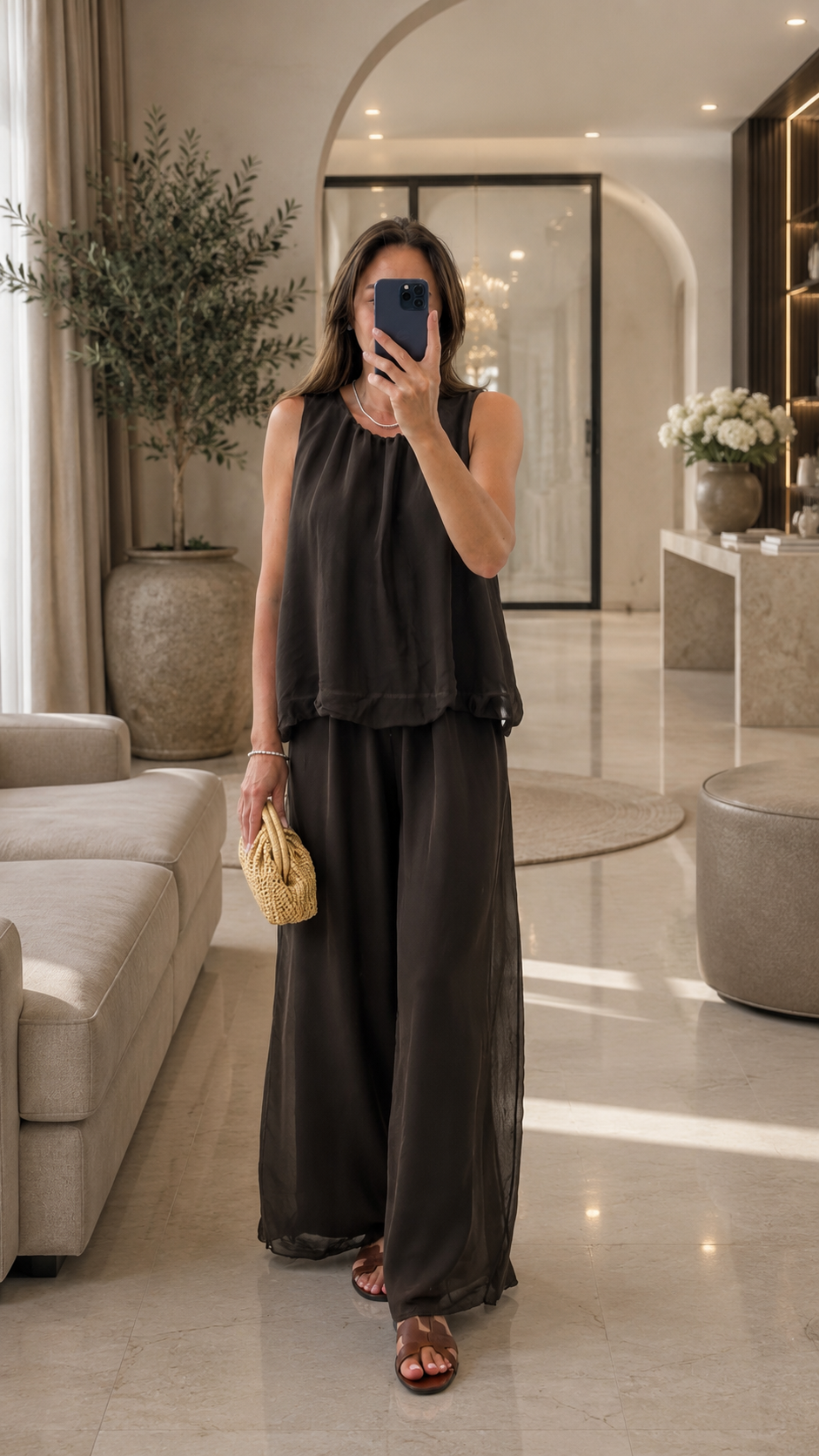 Kahverengi İpek Bluz Pantolon Takım 7622