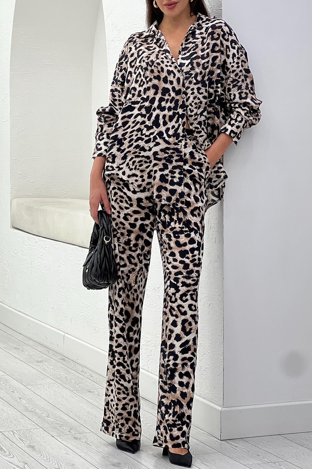Kahverengi Leopar Desen Tencel Gömlek Pantolon Takım 0173