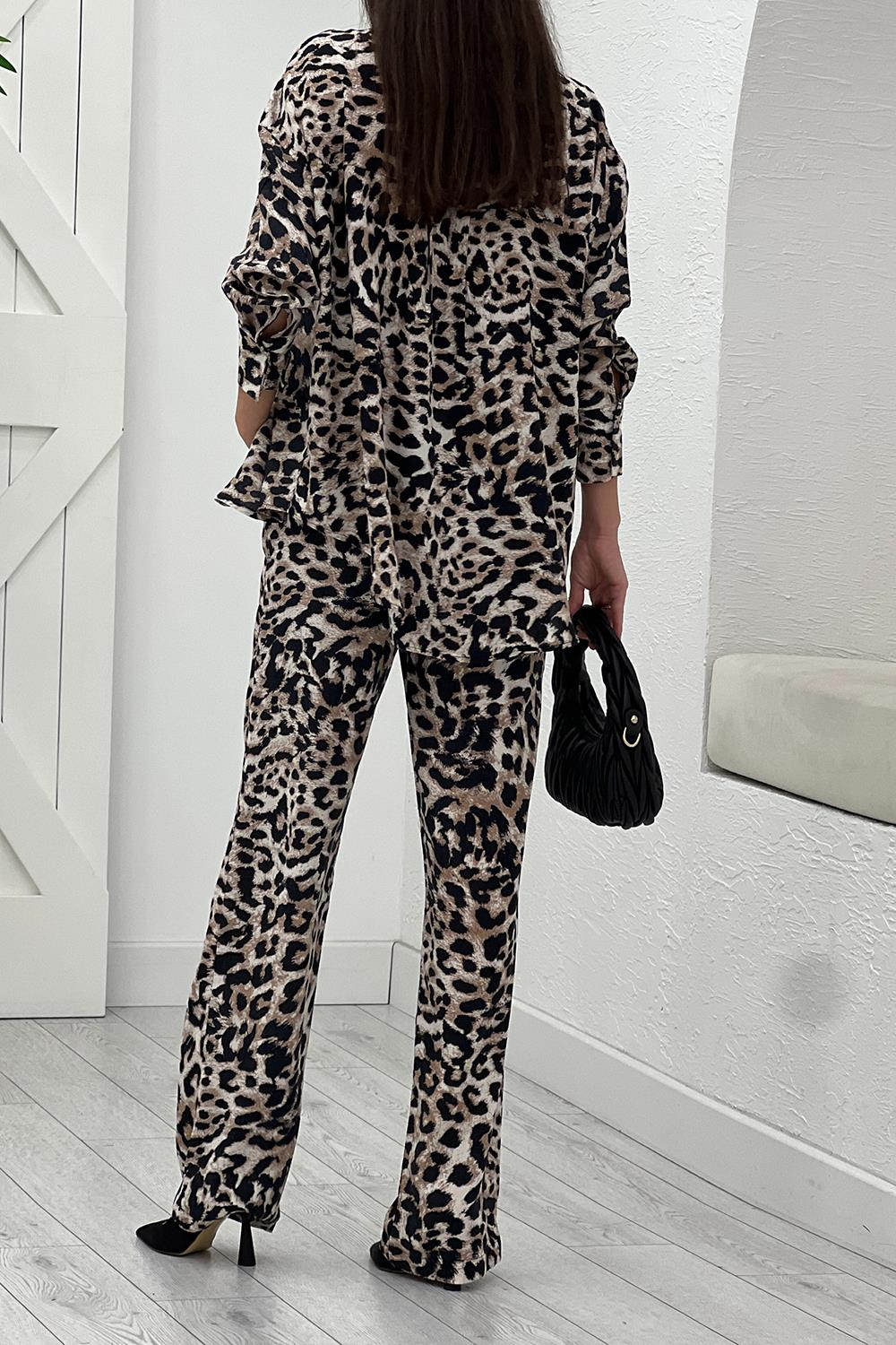Kahverengi Leopar Desen Tencel Gömlek Pantolon Takım 0173