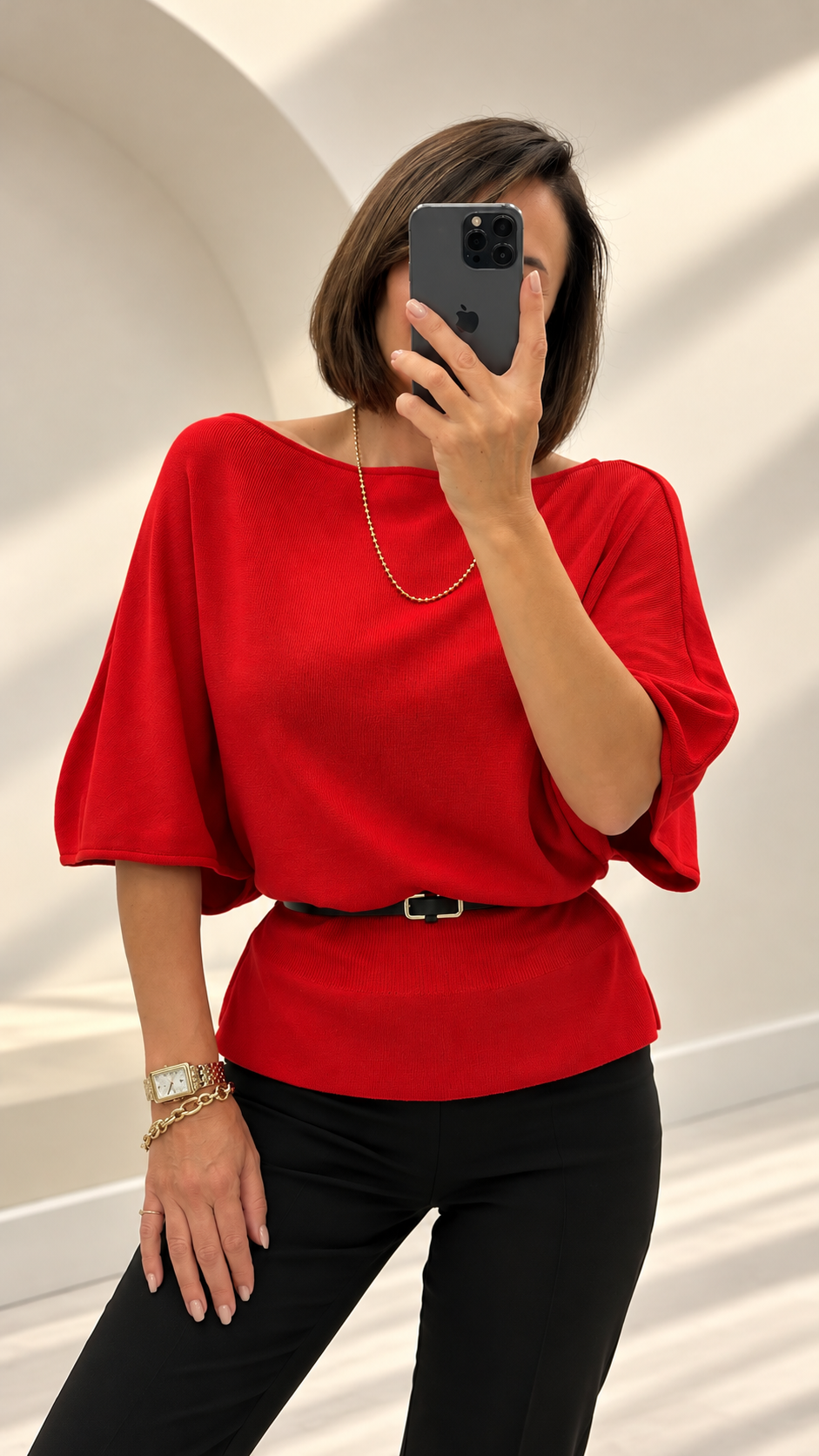 Kırmızı Kemerli Triko Bluz 251375