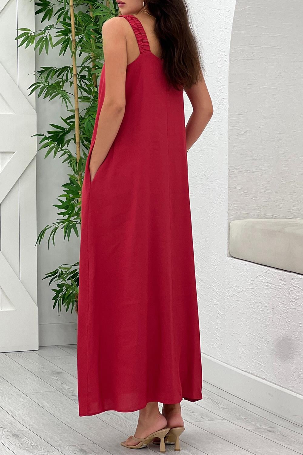 Kırmızı Lastik Askılı Maxi Boy Elbise 3216